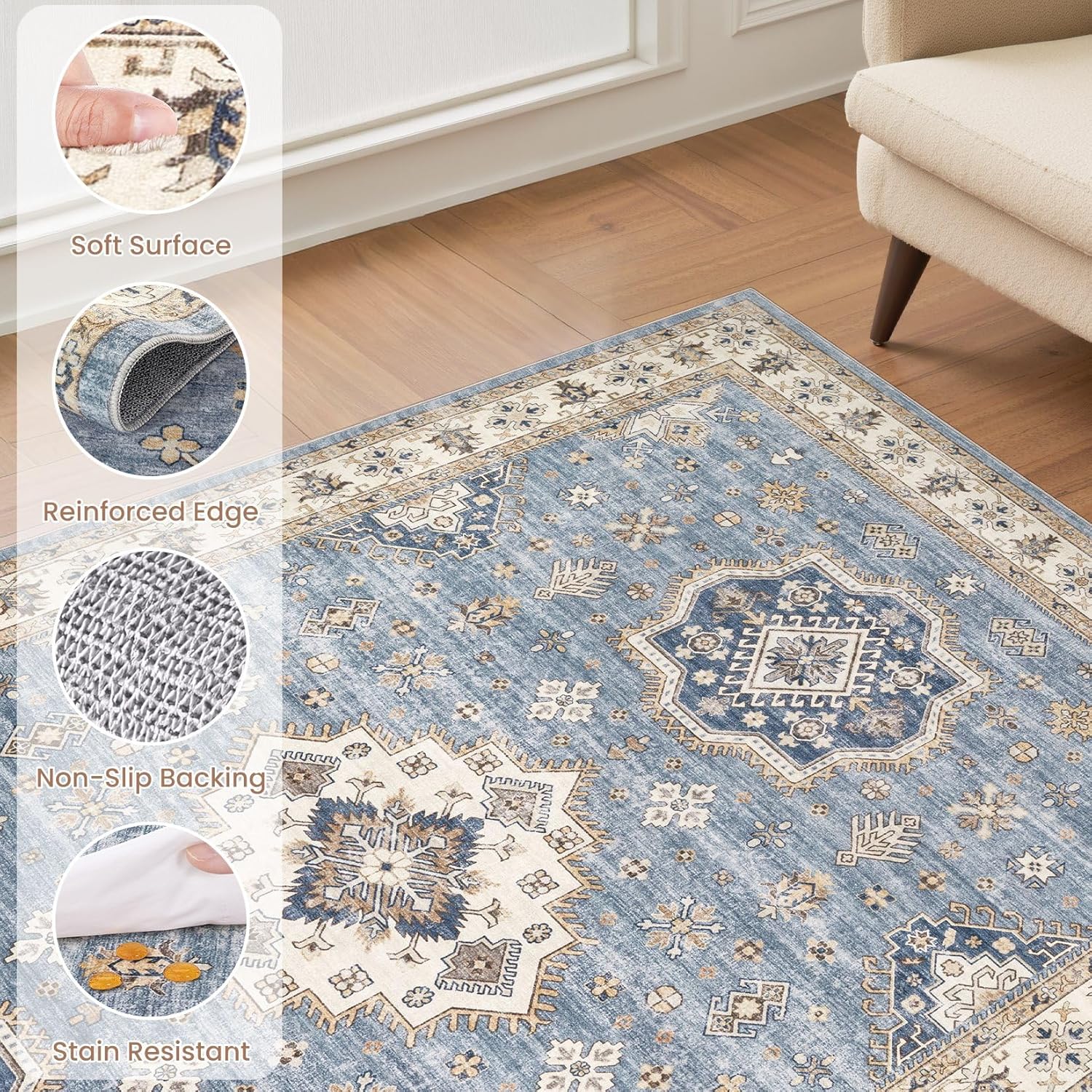 Washable Area Rugs for Living Room -Neutral Vintage Distressed Floral Farmhouse Boho Large Soft Floor Rug Indoor Non Slip Carpet for Living Room Bedroom Dining Room Office - Blue