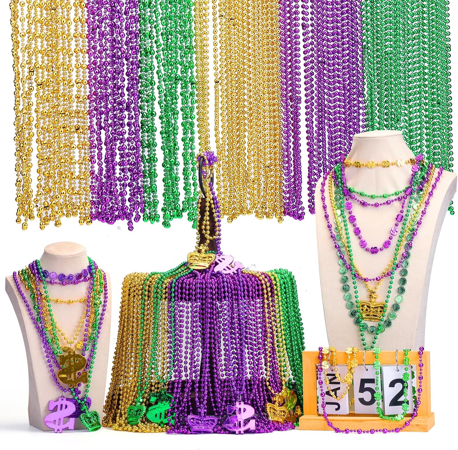 150 Pcs Metallic Mardi Gras Beaded Necklaces Bulk, Purple, Gold, Green, Unisex Adults, Mardi Gras Bead Necklaces