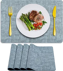Placemats Set of 4 Washable, Heat Resistant Table Placemats Wipeable Faux Leather Place Mats Non Slip, Waterproof Square Table Mats for Indoor Outdoor, Light Blue