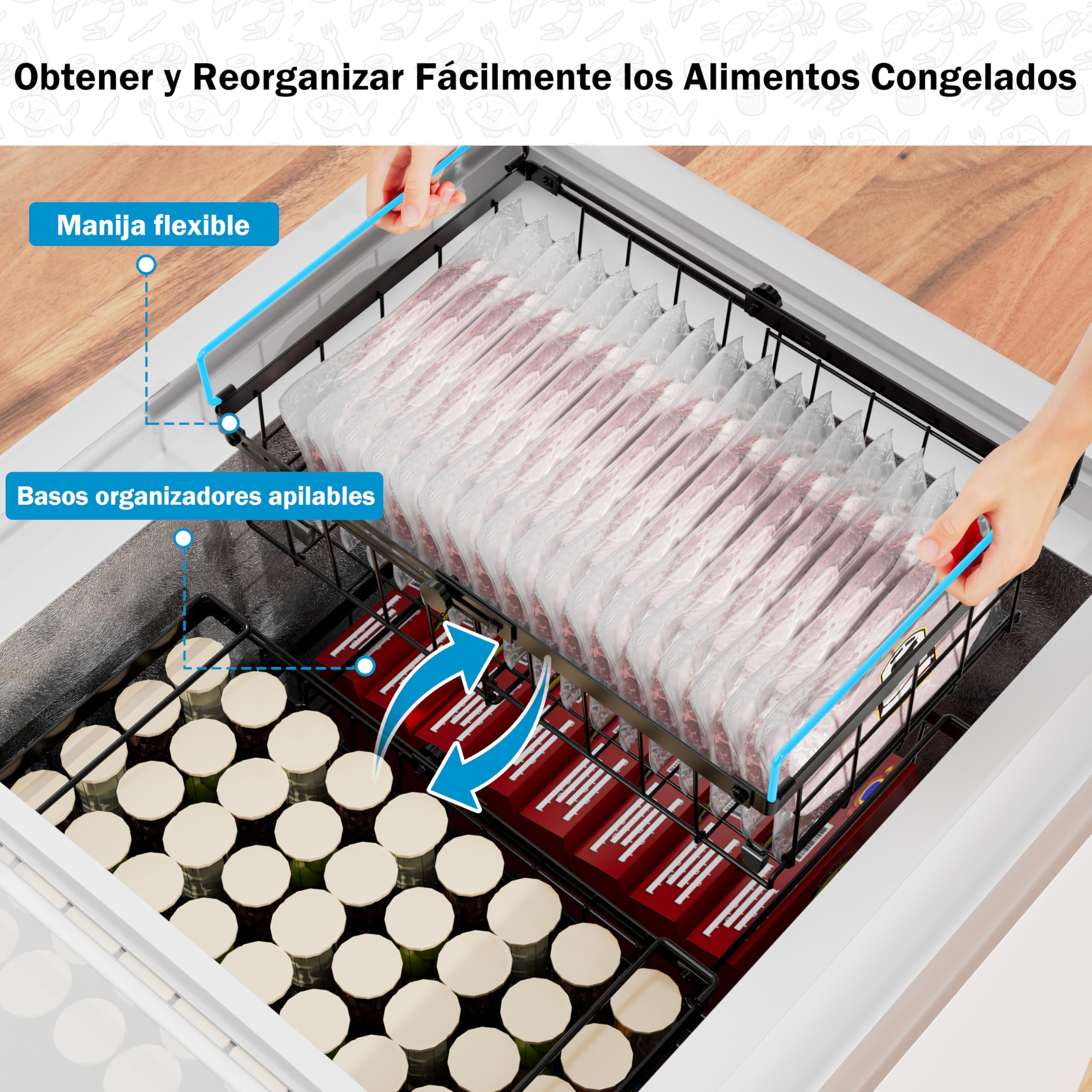 2 Piezas Organizador de Congelador, Metal Organizador Arcon Congelador Apilable Extensible para 140-570L Congeladores, Cesta Cajon con Asas Plegables y Fondo Antideslizante