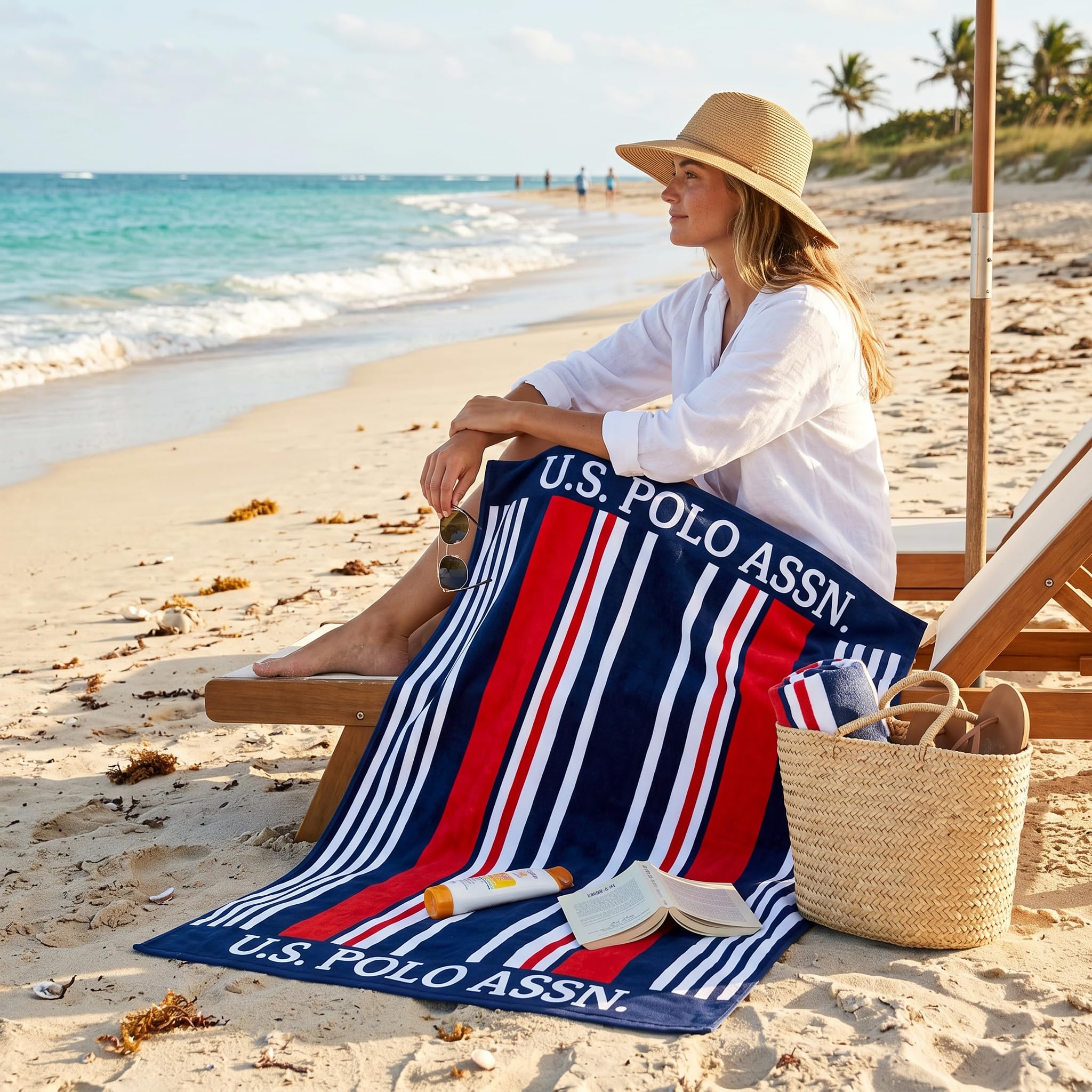 U.S. Polo Assn. Large (40" x 70") Striped Nautical Design Lofty Beach Towel Beach, Pool, Boating, Gym, Camping & Outdoor Yoga and Pilates (Bon Voyage Stripe)