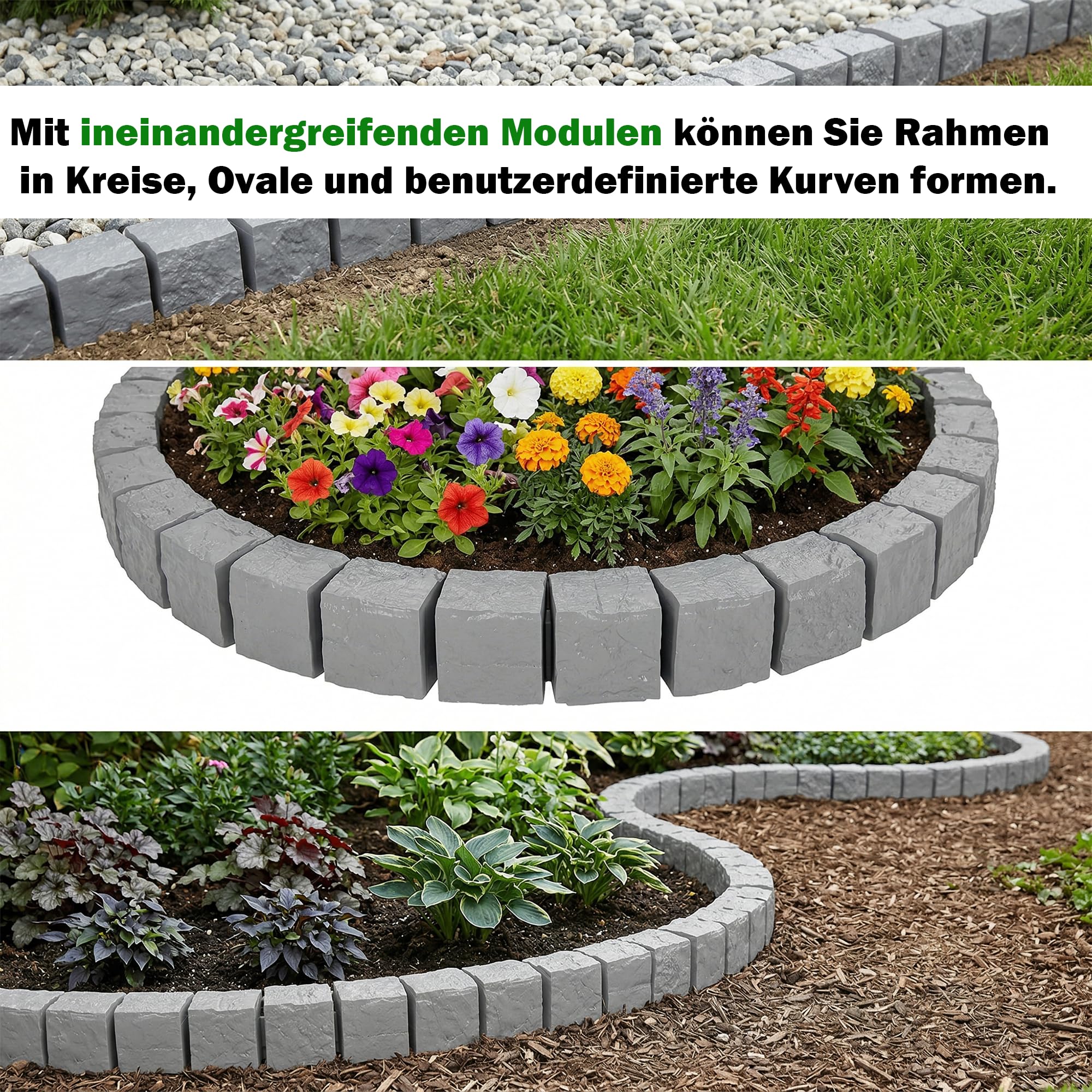 GARDENIX Rasenkante 2.4 m Granit Pflastersteine Optik Grau 10x10x10cm – Beeteinfassung Beetumrandung Beetbegrenzung aus Kunststoff, Gartenzaun Beetzaun Blumenbeet Umrandung