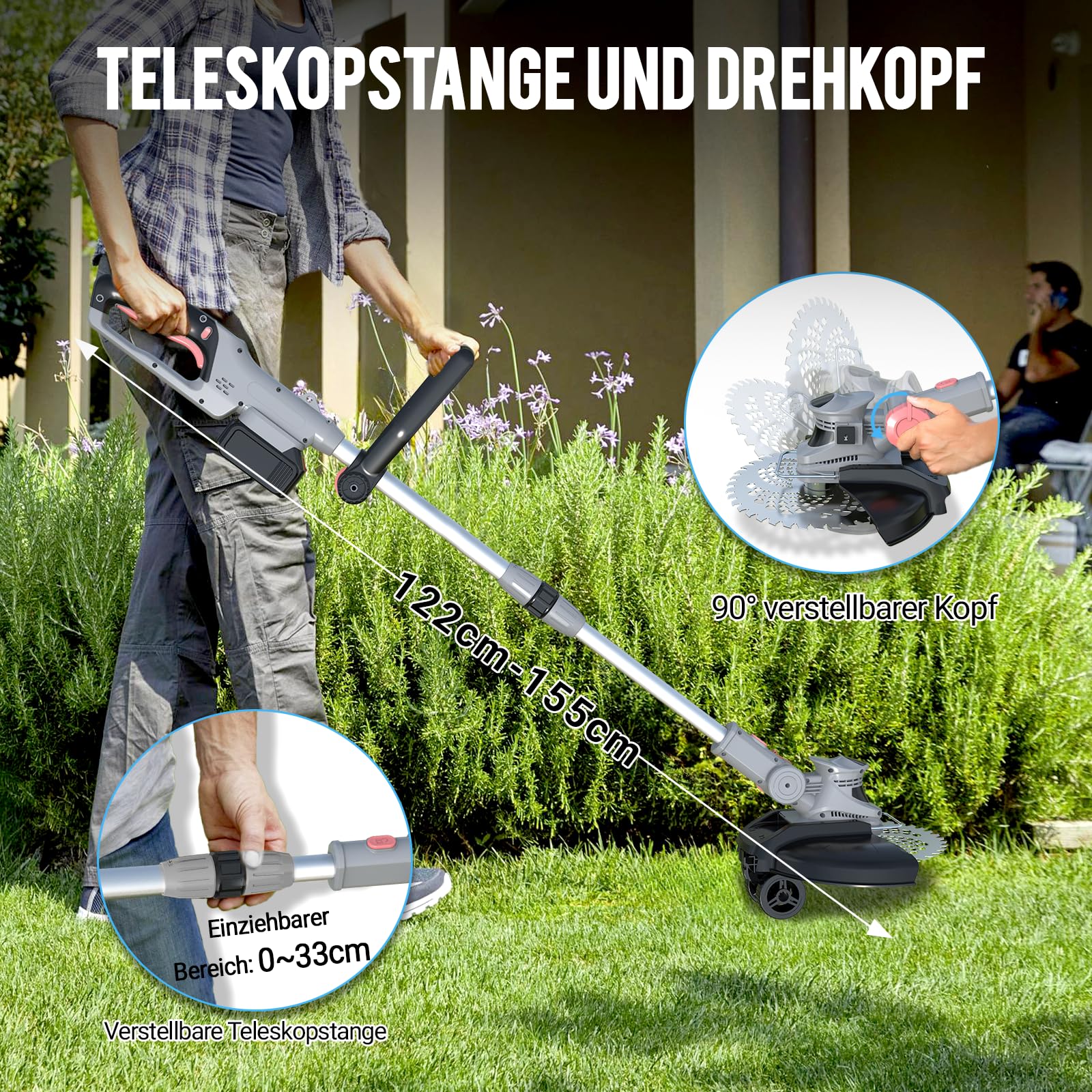 Desbrozadora con batería y cargador, 21 V, desbrozadora para batería Makita, incluye 2 baterías de 4,0 Ah, desbrozadora con cepillo para malas hierbas, cabezal giratorio 90°, para jardín (gris)
