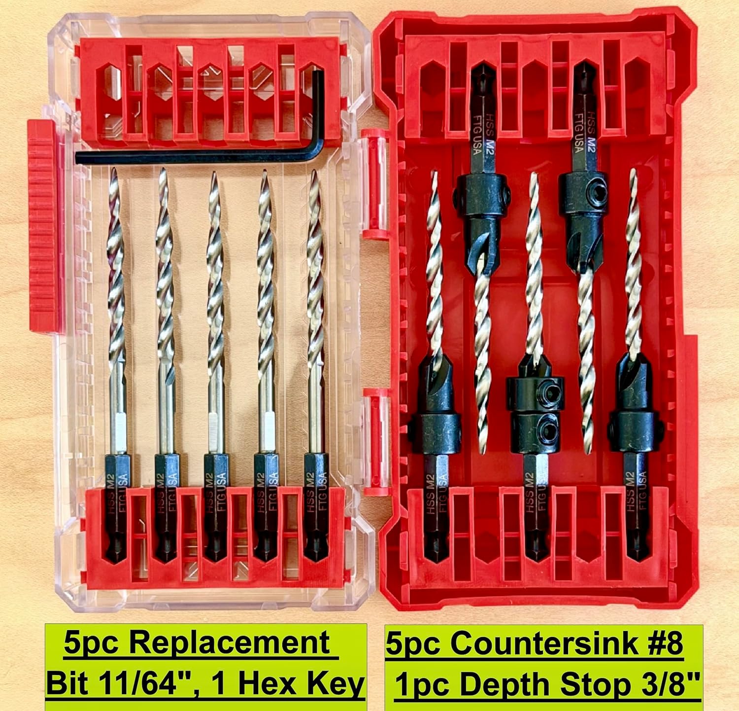 FTG USA 5 Pc #8 (11/64") Countersink Drill Bit Set with 5 Pc Replacement Tapered Drill Bits for Wood in Storage Container