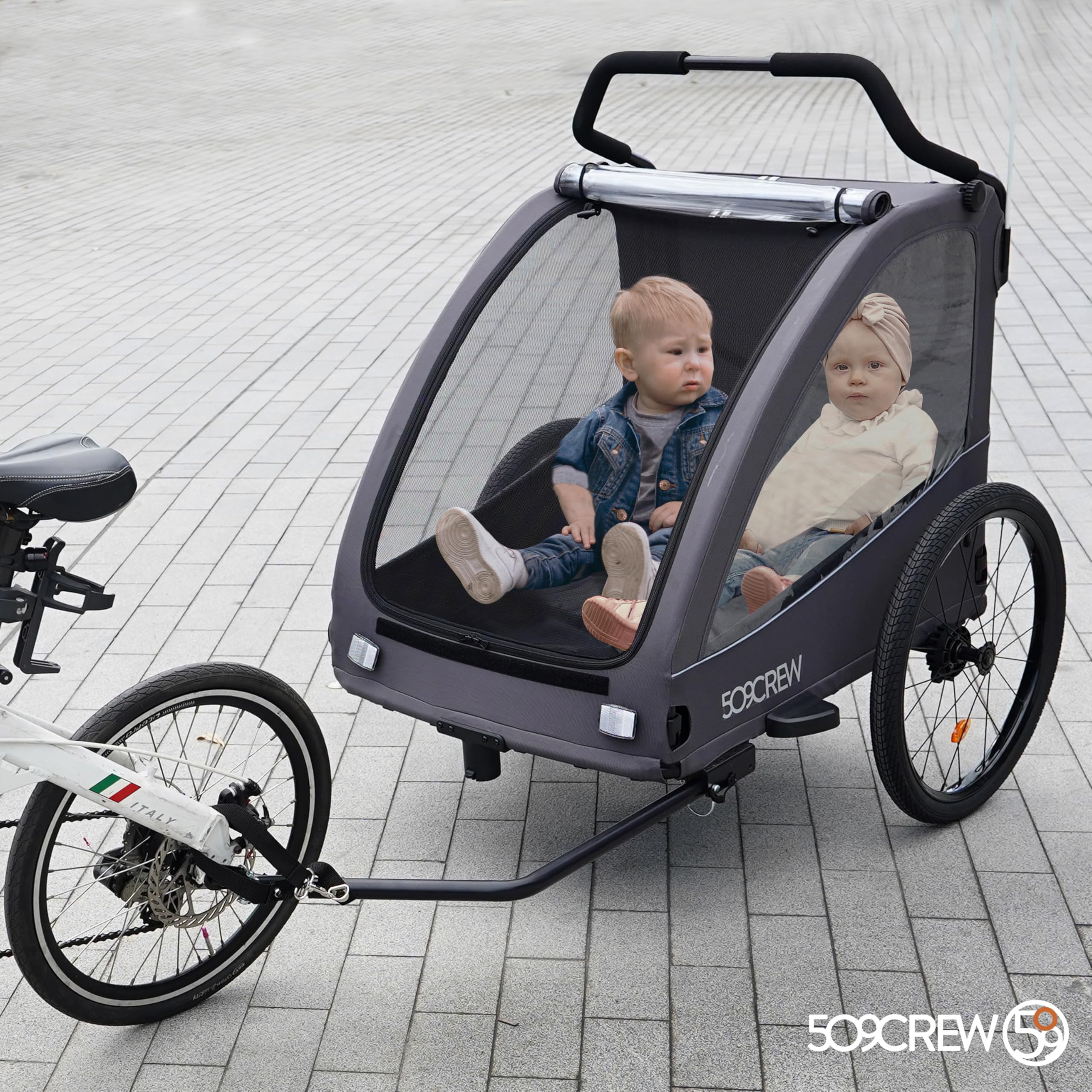 509 Trailer II, Multi Use Bicycle Trailer for Kids from 6m Up, for Pet, for Cargo, Convertible to 3-Wheel Push Wagon, Max Load 50kg, Include Raincover