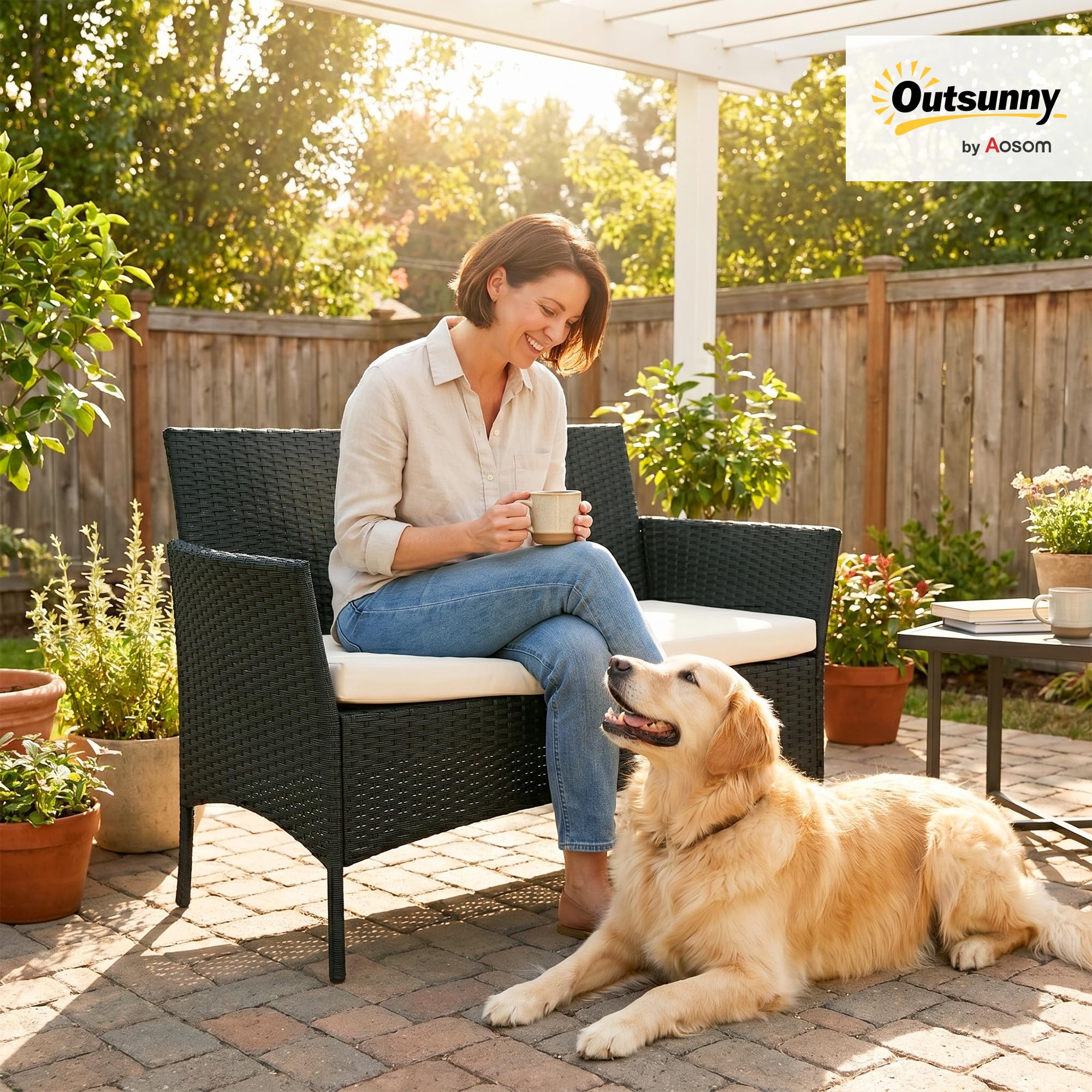 Outsunny Canapé de Jardin en rotin PE et Acier, Canapé d'extérieur 2 Places avec Coussin et accoudoirs, 100x54x80cm, Noir