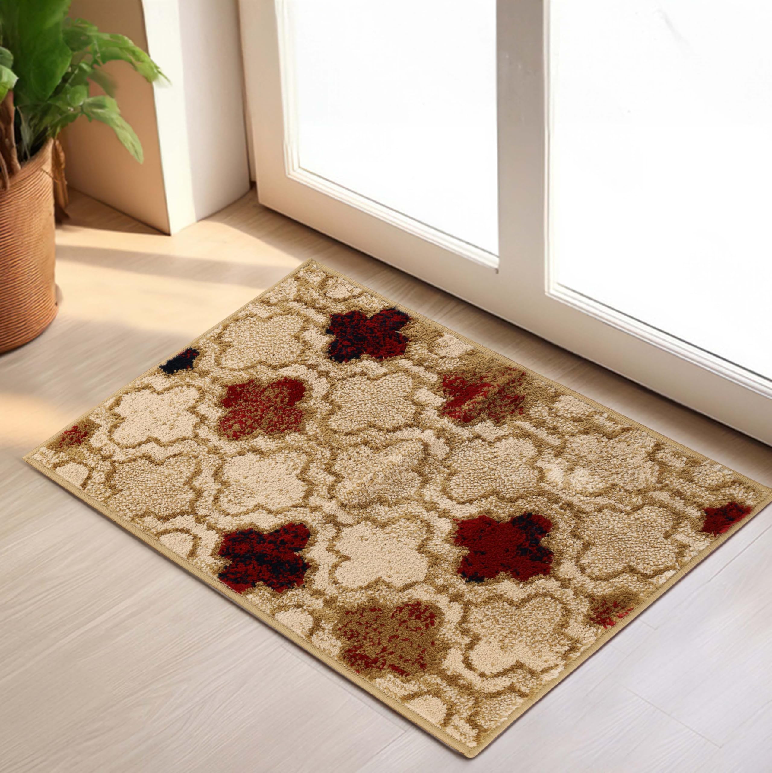 Tapis de couloir en peluche beige motif géométrique pour une entrée cosy