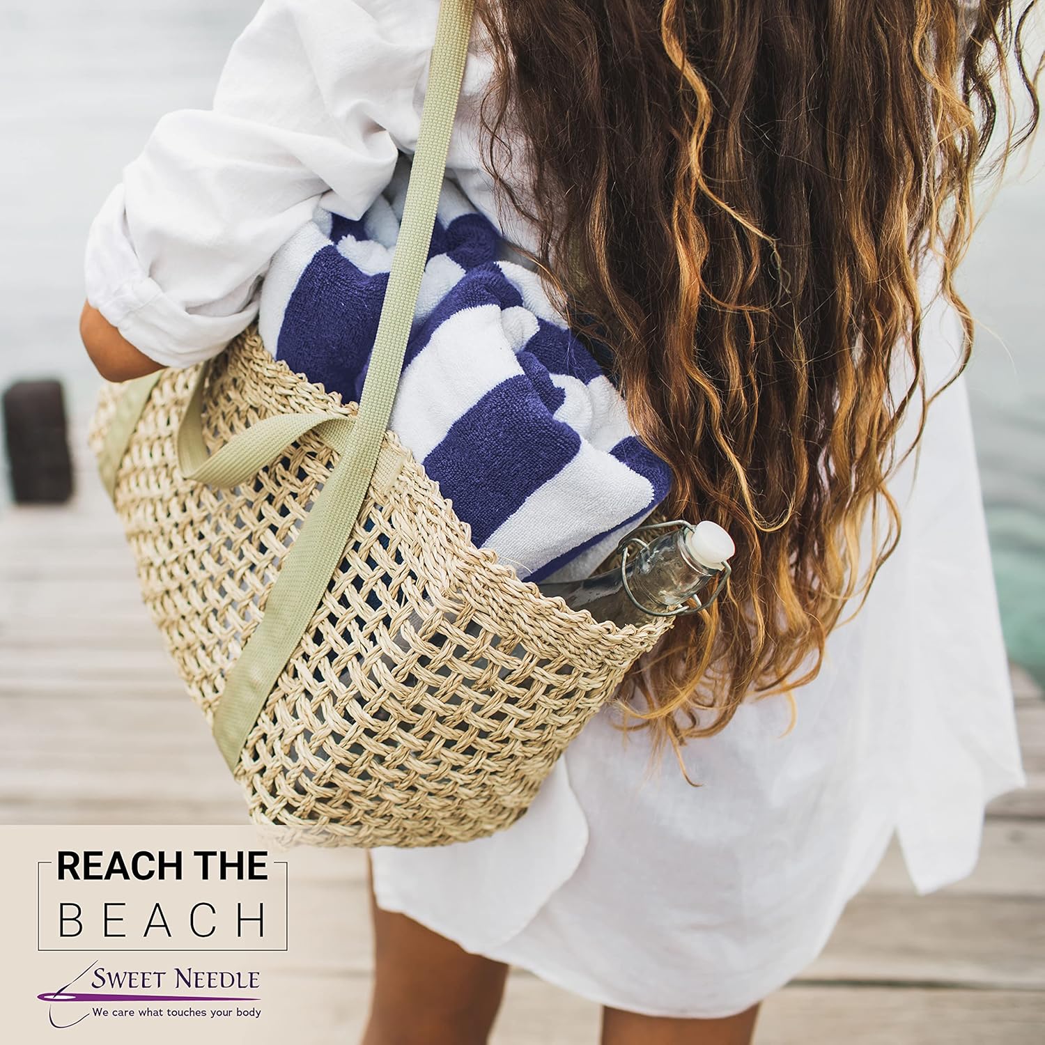 SweetNeedle Oversized 2 Pack Beach Towels for Adults - Royal Blue White Cabana Striped Classic - 100% Cotton Terry Ringspun Pool Towel, Quick Dry, Absorbent Swimming Large Towel, 39 by 59 Inches