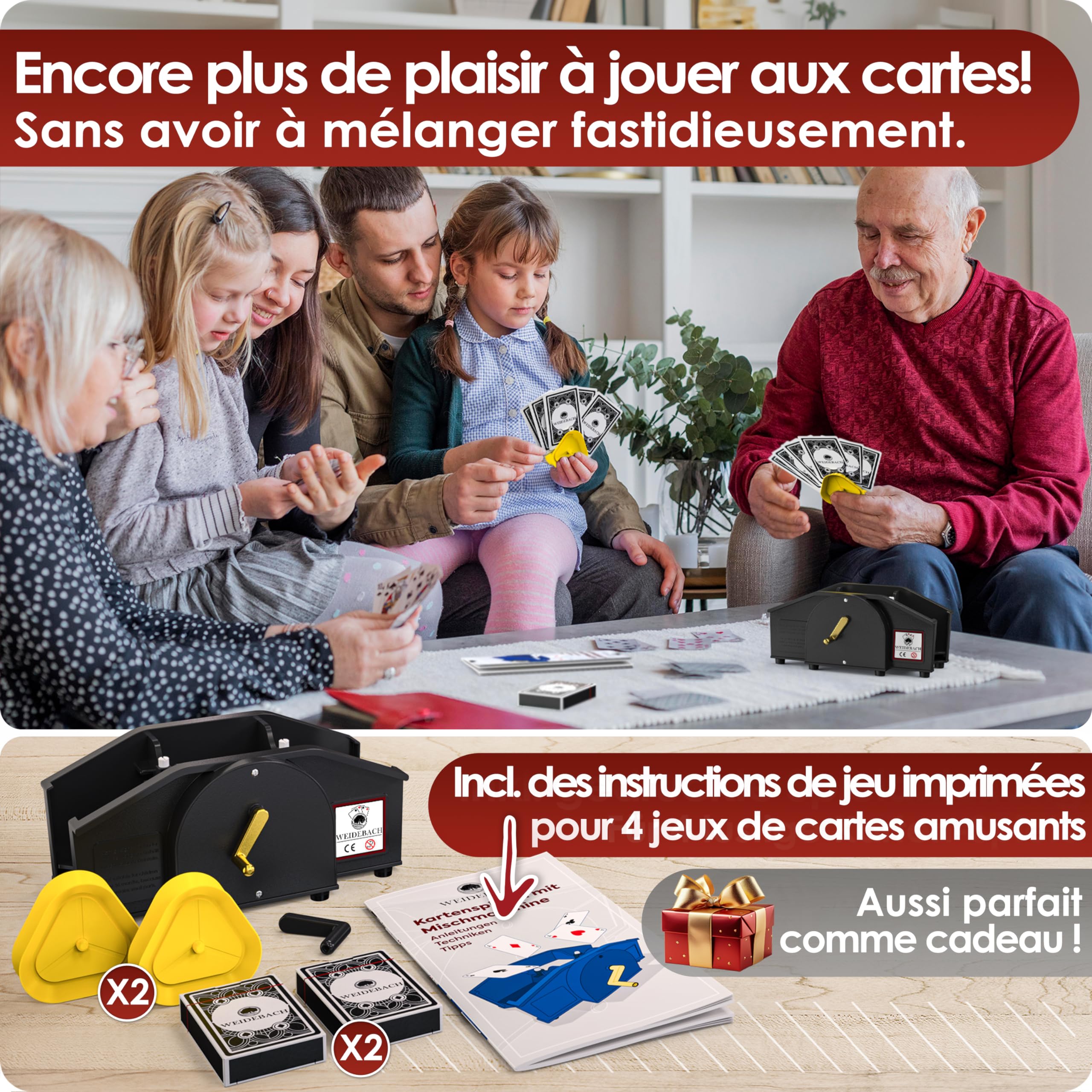 WEIDEBACH® Mélangeur de Cartes Noir avec Manivelle Dorée pour Jeux Standard, 2 Jeux & Manivelle de Rechange, Appareil de Mélange avec Li