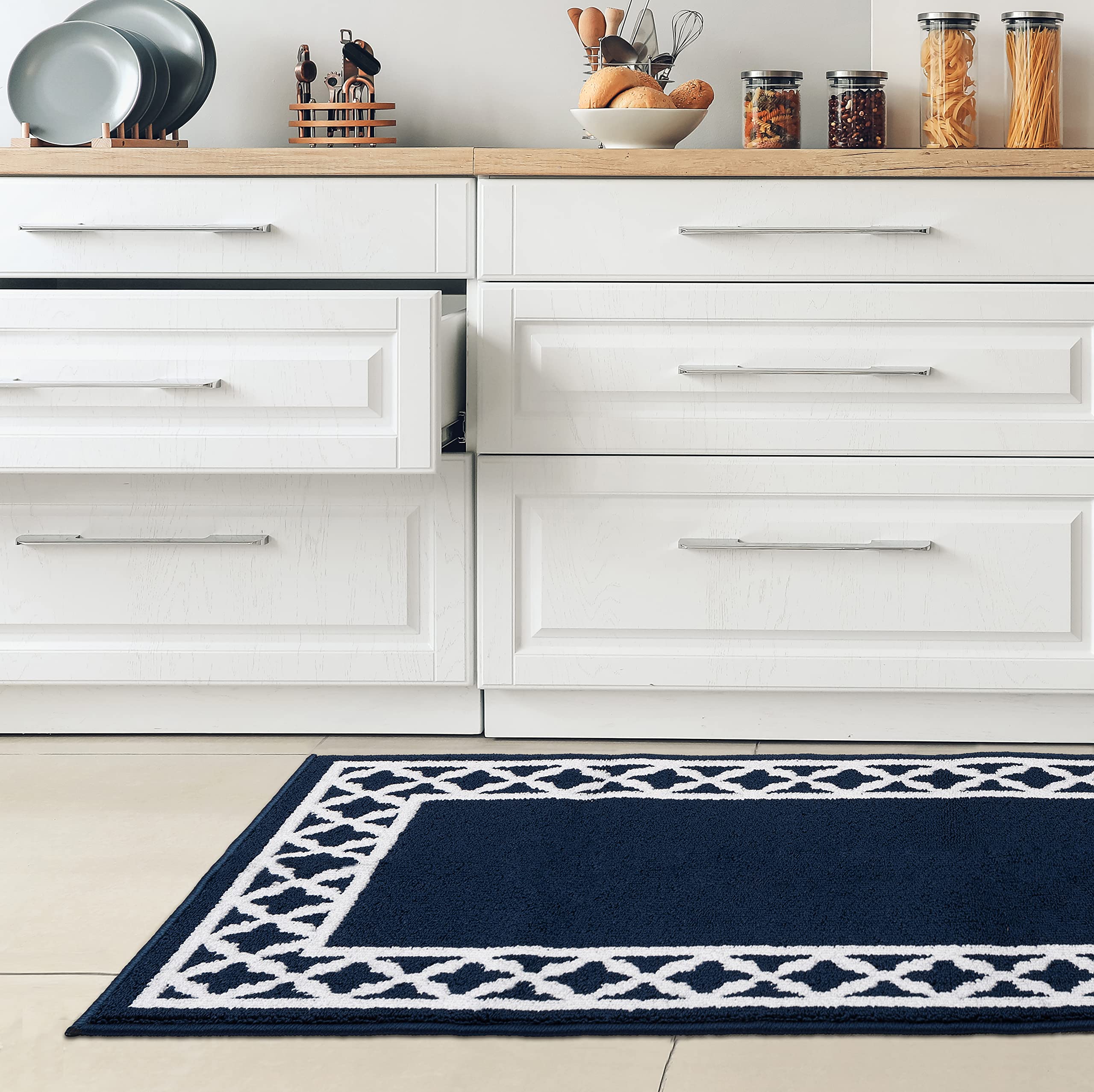 Nautica Runner Rug | Indoor Carpet for Entryway & Hallway Rug| Non-Slip and Non-Skid Entry and Kitchen Door Mat| Machine Washable Low Profile Floor Mat | 26" x 45"| Trellis Border Navy and White