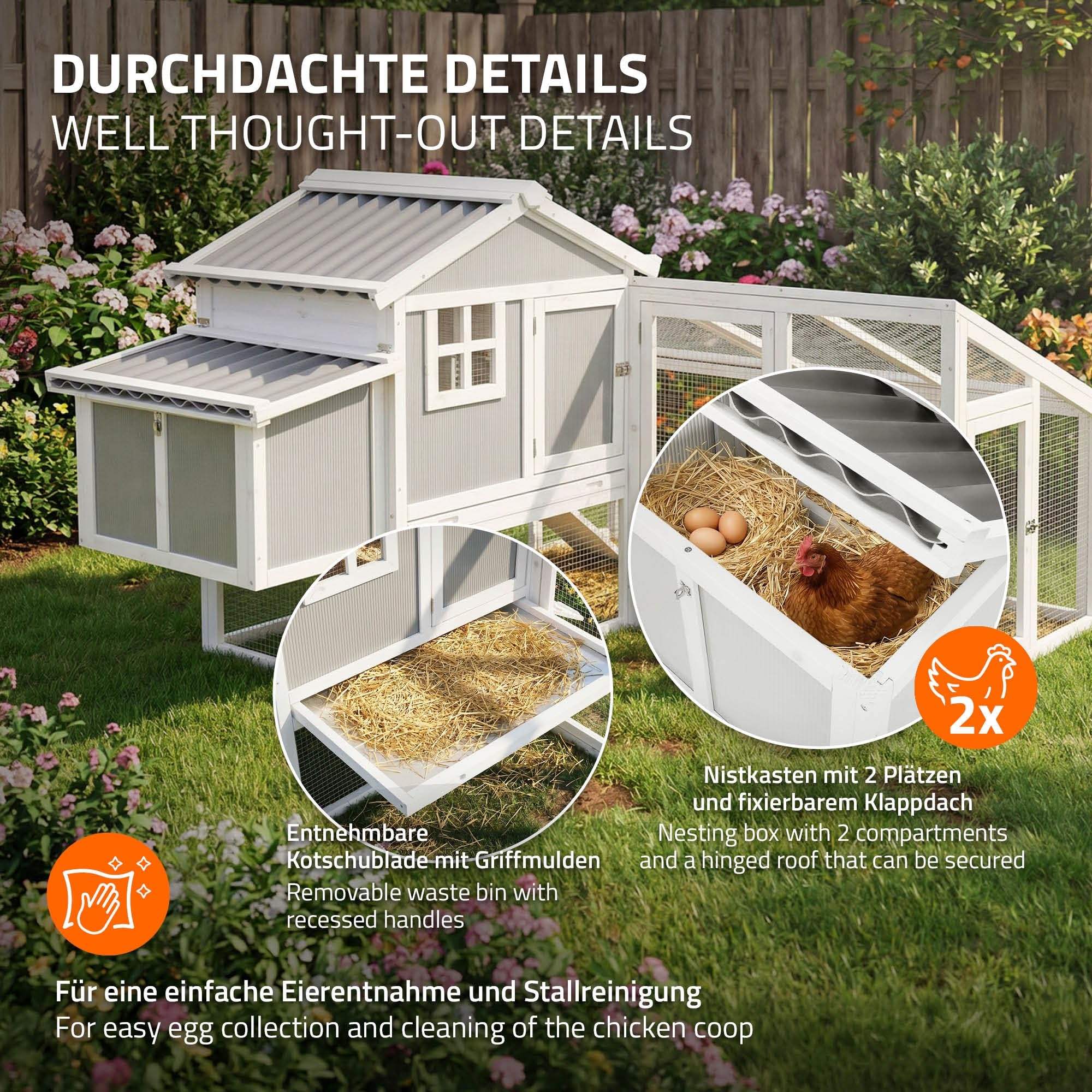 ECD Germany Gallinero Exterior de Madera Maciza con Corral para Gallinas, XXL 144x176x102,5cm Cubierta de Alambre Galvanizado, Bandeja de Heces Extraíble, Dos Cajas Nidos y Rampa, Parque para Animales
