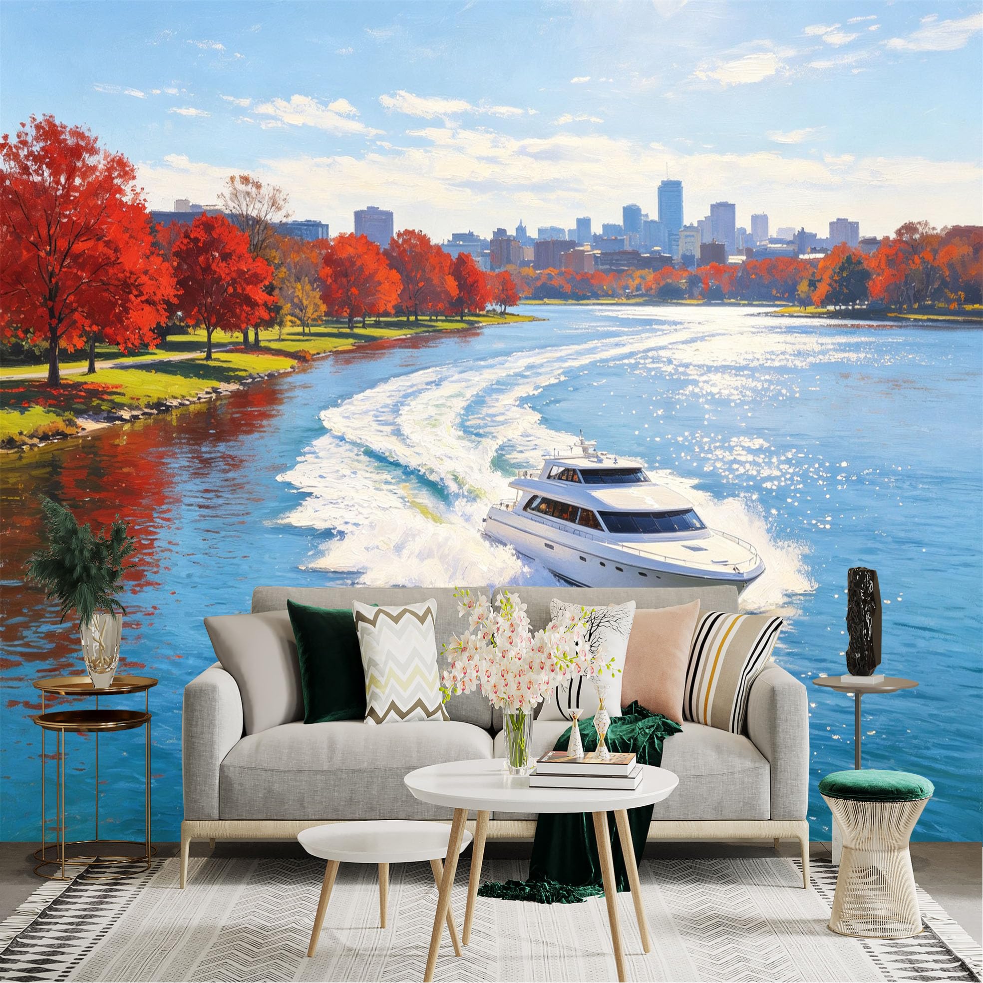 Custom Size Wall Sticker Mural， Luxury Yacht Sailing on River， Autumn Red Maple Trees， City Skyline Scenery， for wall Decoration， peelandstick wall Decals.