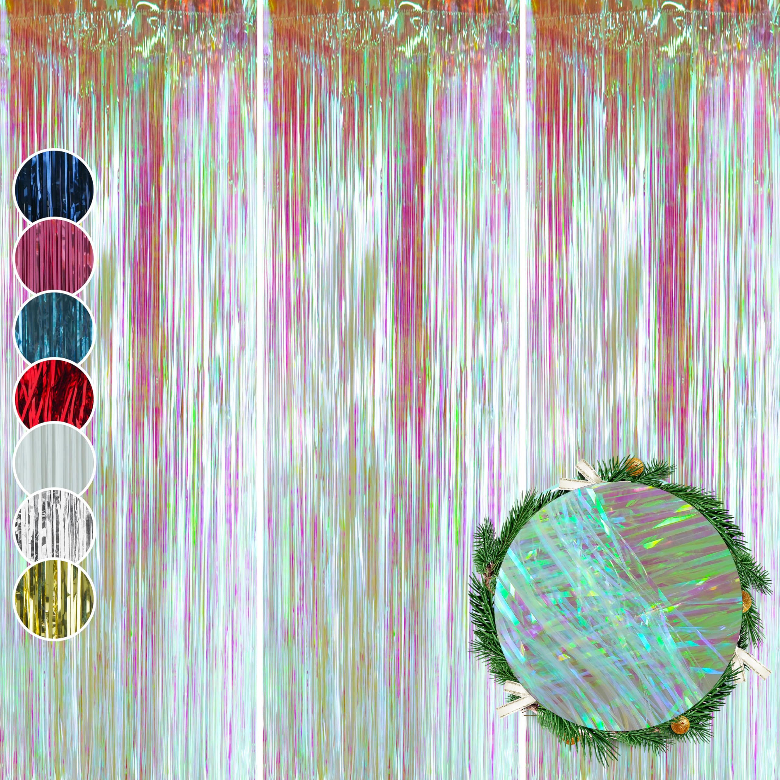 HOVUK 3Pk Iridescent Christmas Lametta 1.2m - Xmas Hanging Foil Lametta, Tinsel Foil Fringe Curtains for Christmas, Wedding Birthday Party or Proms