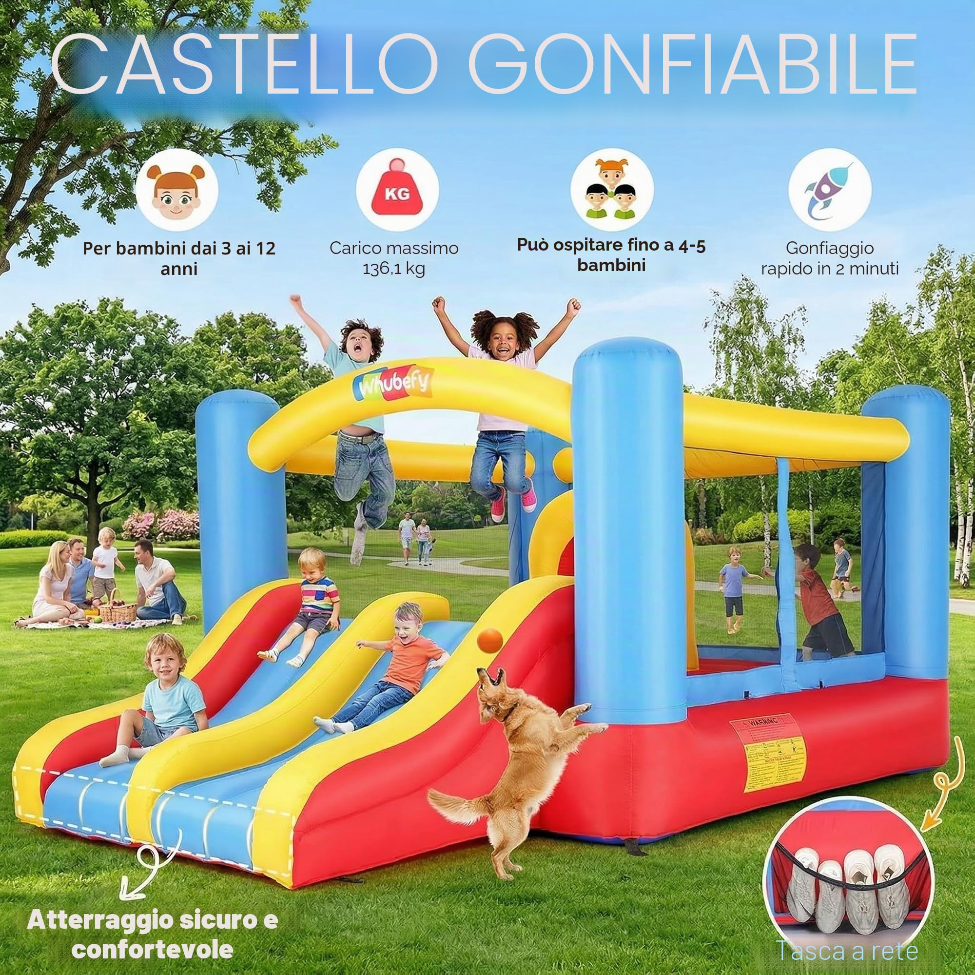 Castello gonfiabile per bambini da 3 a 6 e 8 a 12 grandi, 384 x 274 cm, con ventilatore, doppio scivolo, per interni ed esterni, per feste