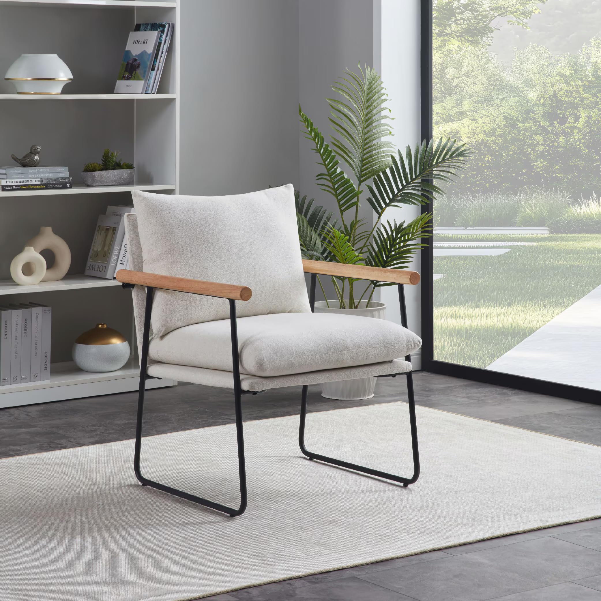 Softa Modern Accent Chair, Comfy Chair with Removable Cushion, Vanity Chair with Wood Armrests for Living Room, Bedroom