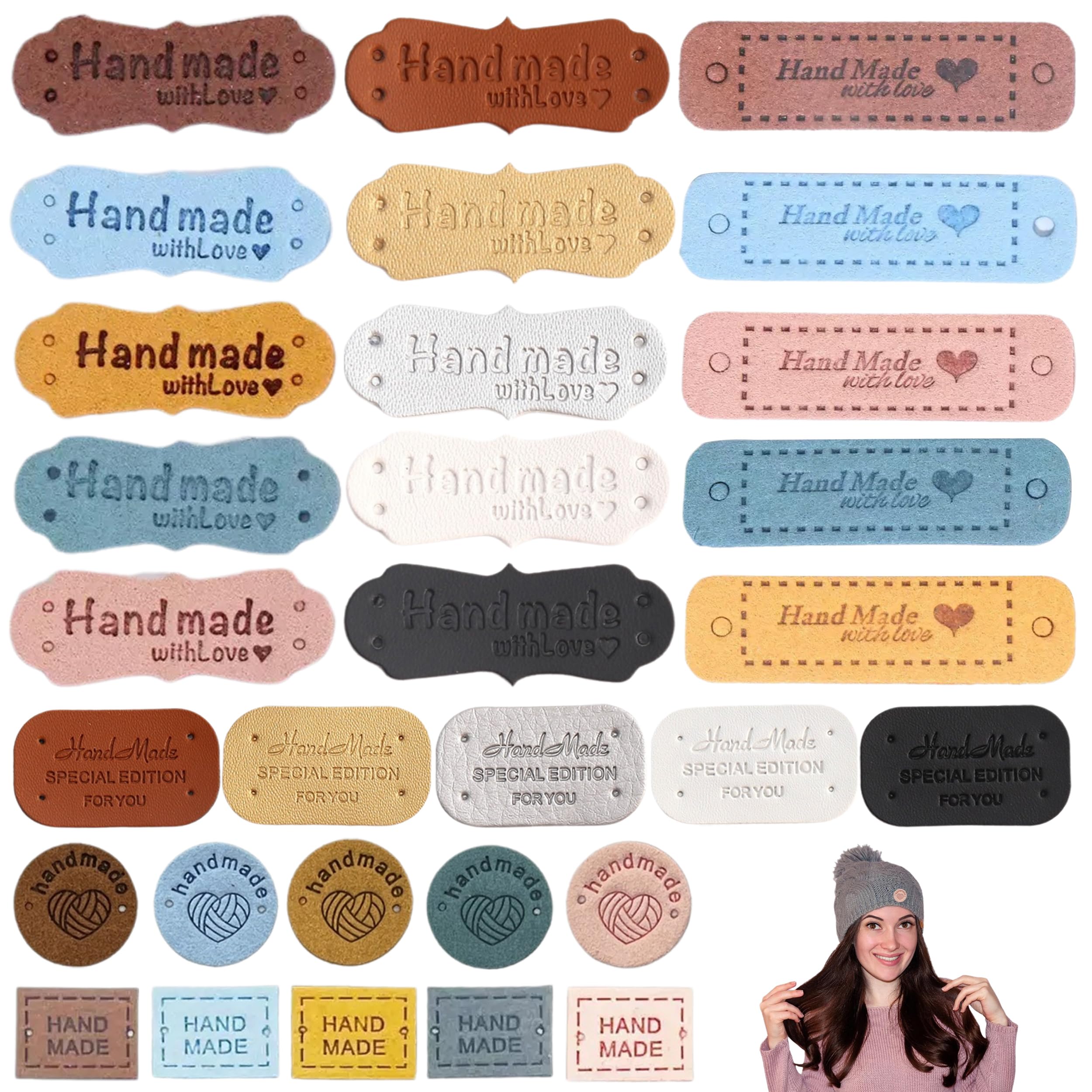 Piacolnic 80 Pcs Handmade Leather Labels, 4 Styles Leather Tags with Holes, Colorful Hand Made Embossed Tag, PU Leather Label Sewing Labels for DIY Crafts Sewing Clothing Decors Knitting Crochet