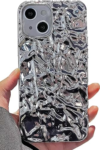 Shinymore Funda compatible con iPhone 15 con brillantina, diseño de purpurina plateada y suave de silicona con pliegues 3D para mujeres y niñas, a