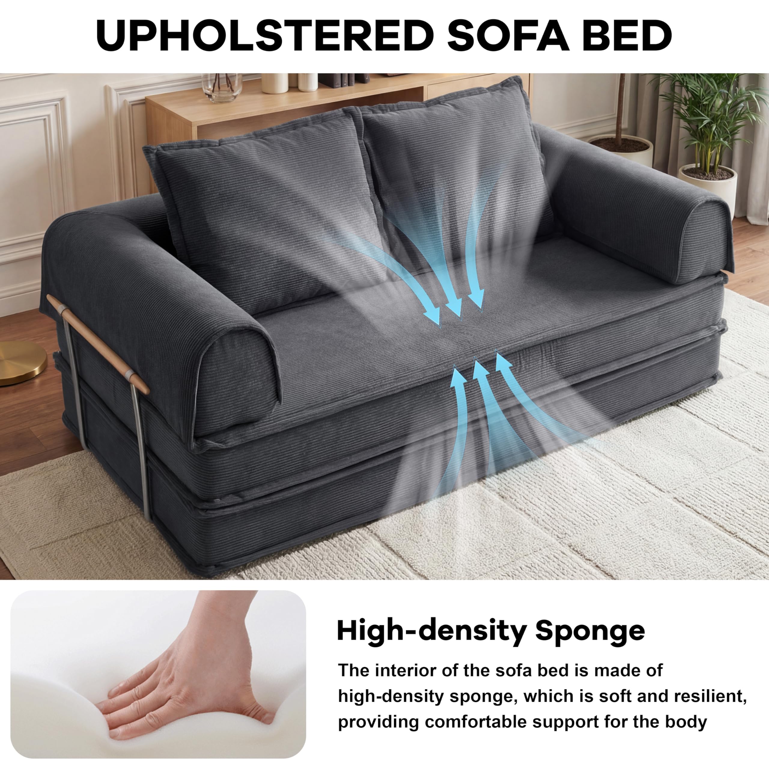 Bon Divano letto convertibile a 3 posti, divano futon in velluto a coste grigio chiaro, design modulare 5 in 1, base antiscivolo, lavabile, perfetto per soggiorno e comfort quotidiano