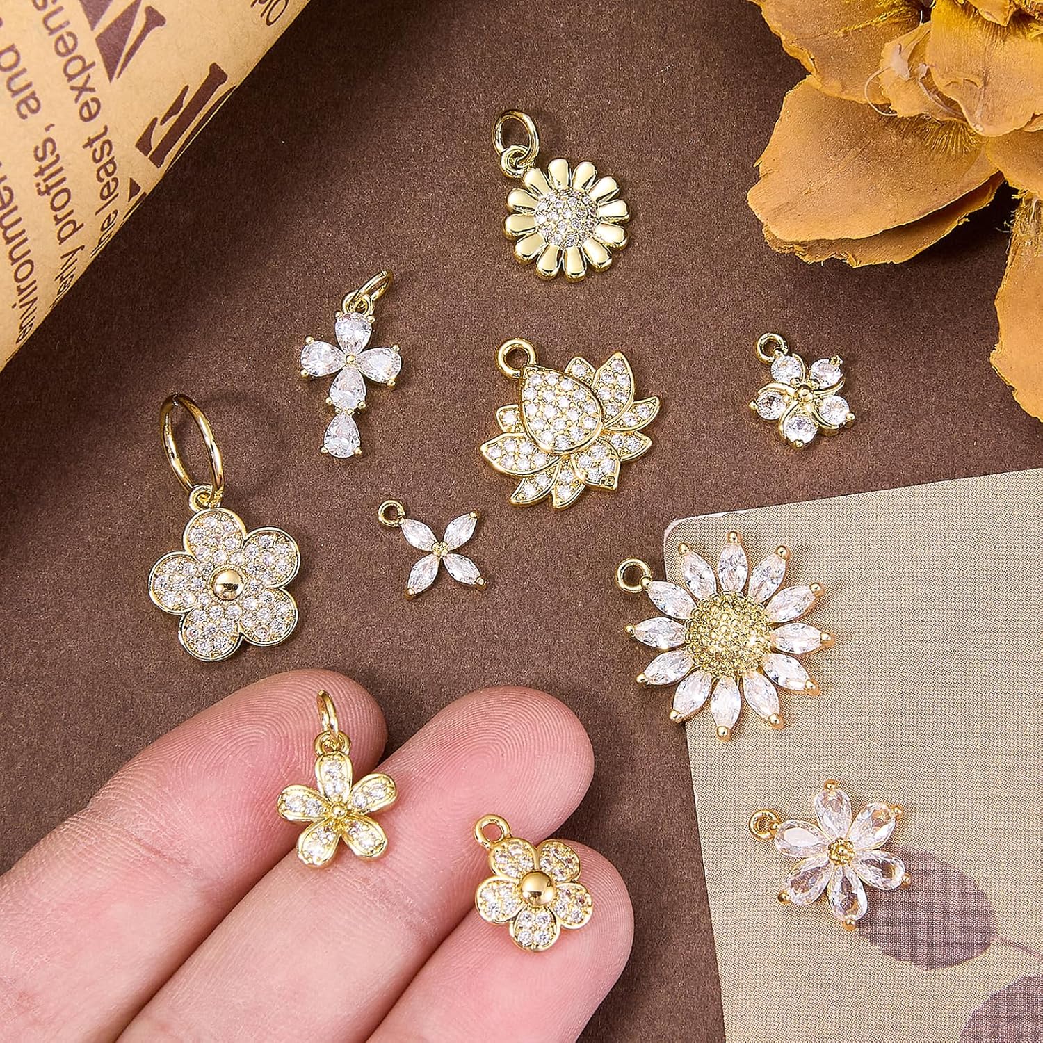 10Pcs Gold Flower Charms for Jewelry Making Floral Crystal Charms Brass Cubic Zirconia Pendant for Earring Bracelet Necklace DIY Accessories - Image 5