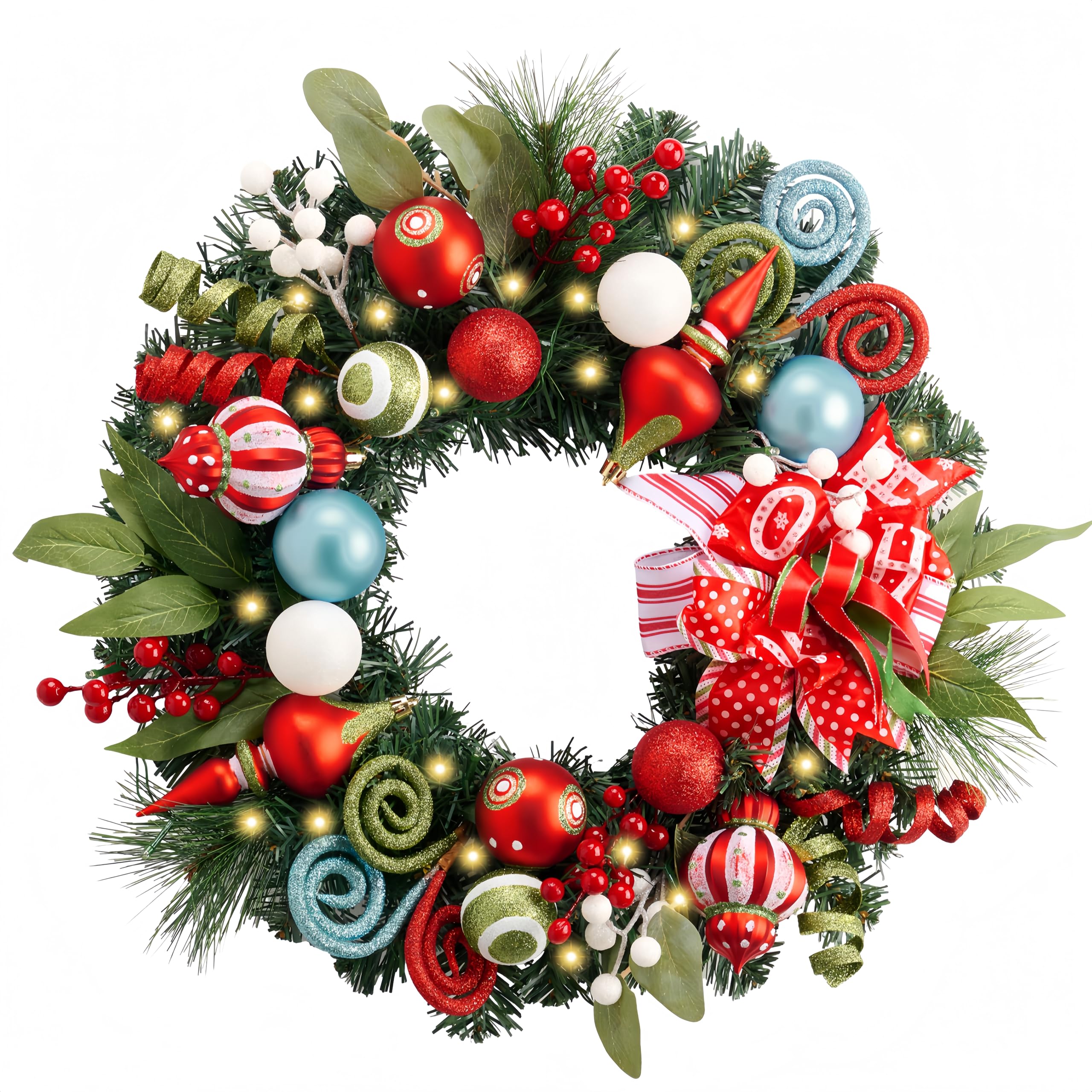 Valery Madelyn Couronne de Noël pré-éclairée de 45,7 cm pour Porte d'entrée avec lumières, Grande Couronne de Noël éclairée avec Boules de Noël Rouges et Vertes pour cheminée, fenêtre, Table