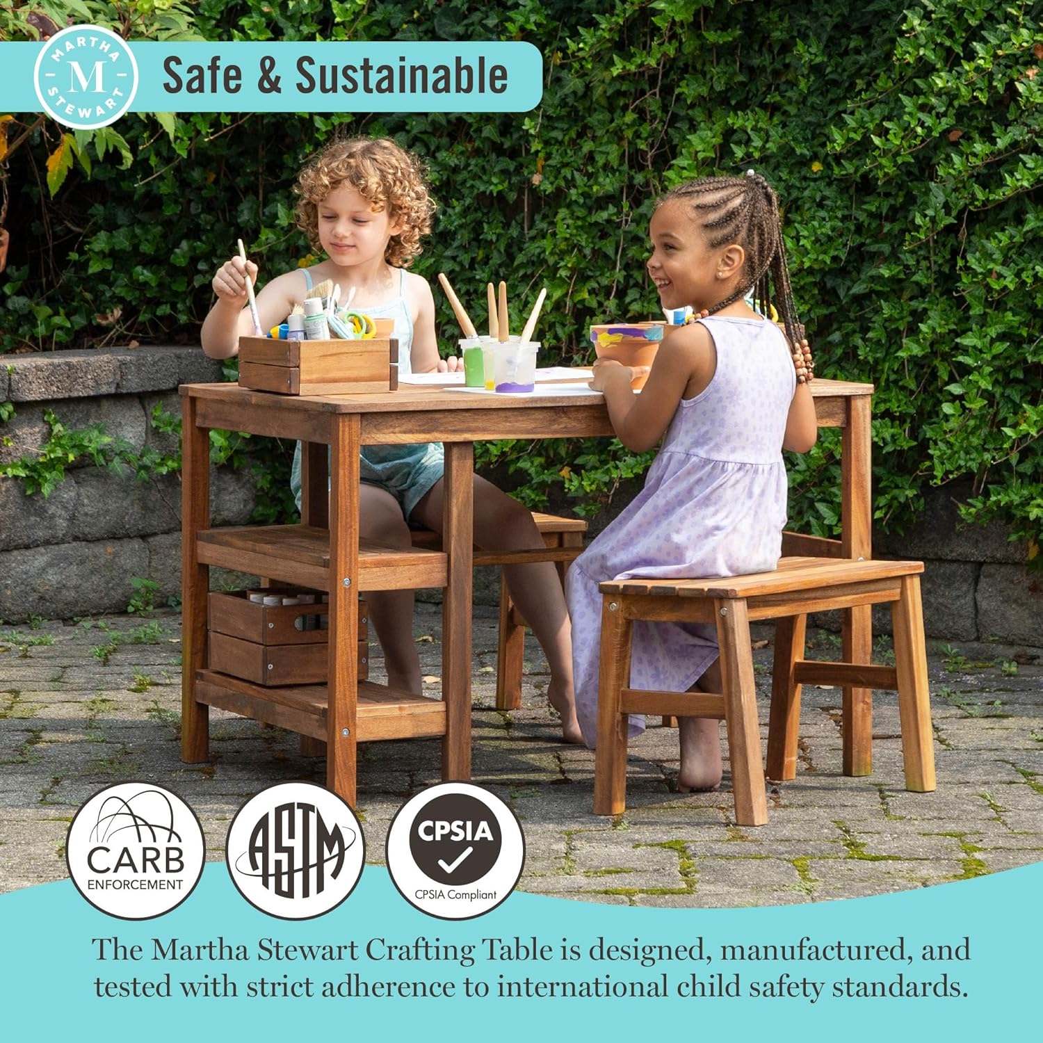 Martha Stewart Kids Outdoor Craft Table and 2 Bench Set: Acacia Wood Activity Desk w/Crate, Caddy, and Storage Shelves | Kids Play & Picnic Table w/Benches for Backyard, Patio, Outdoor Classrooms