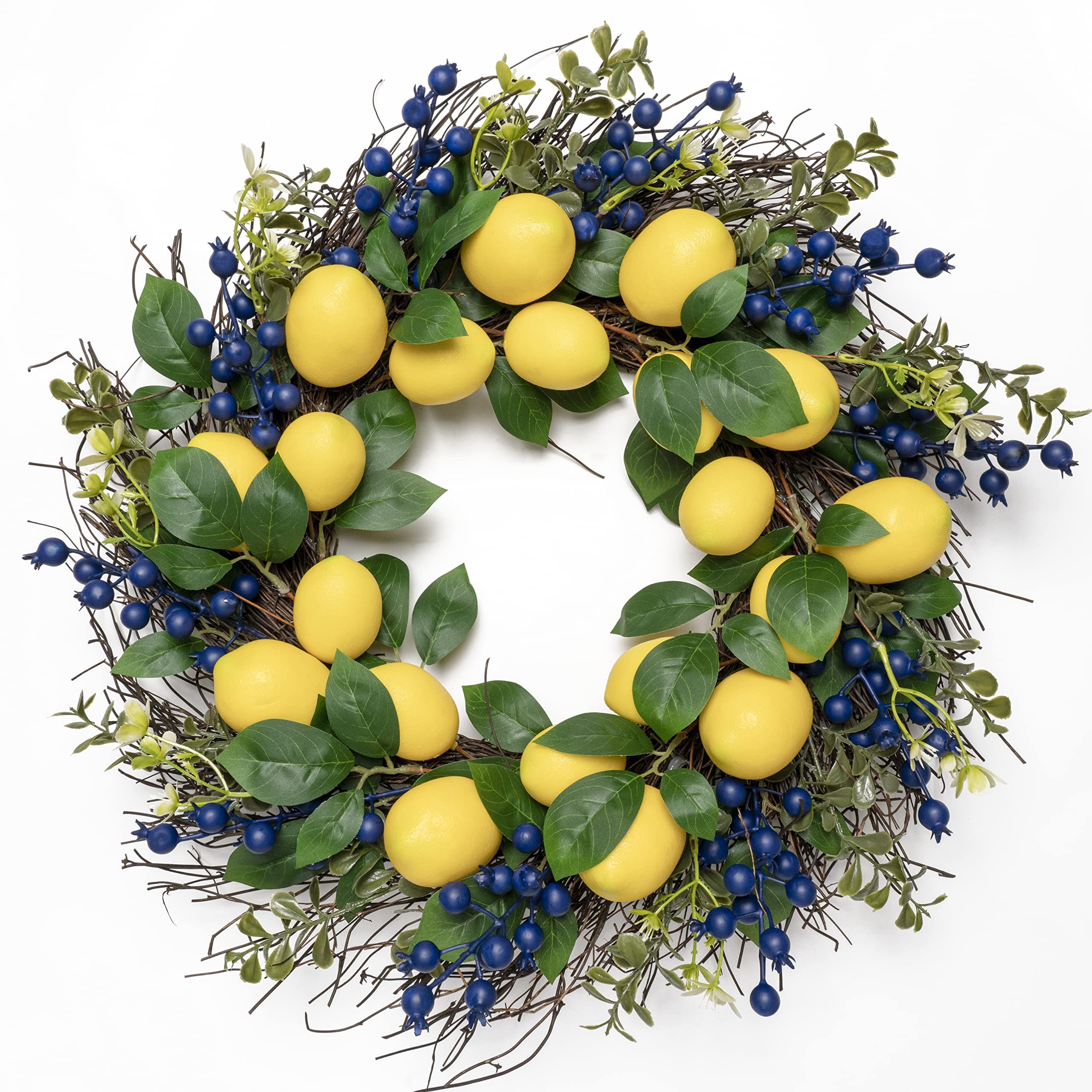 Artificial Lemon Wreath - 22 inch Yellow Lemon and Blueberry Fall Wreath with Green Leaves for Front Door, Wall, Home, Holiday, and Farmhouse Window Decoration