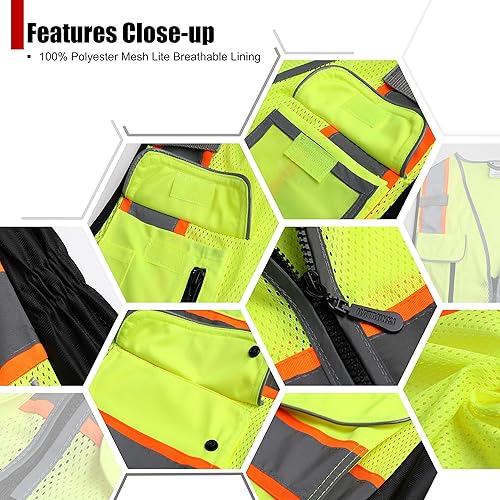 Miniatura 4 de Chaleco de seguridad reflectante para mujer, chaleco de malla de alta visibilidad con 8 bolsillos y cremallera frontal, chaleco de alta visibilidad,