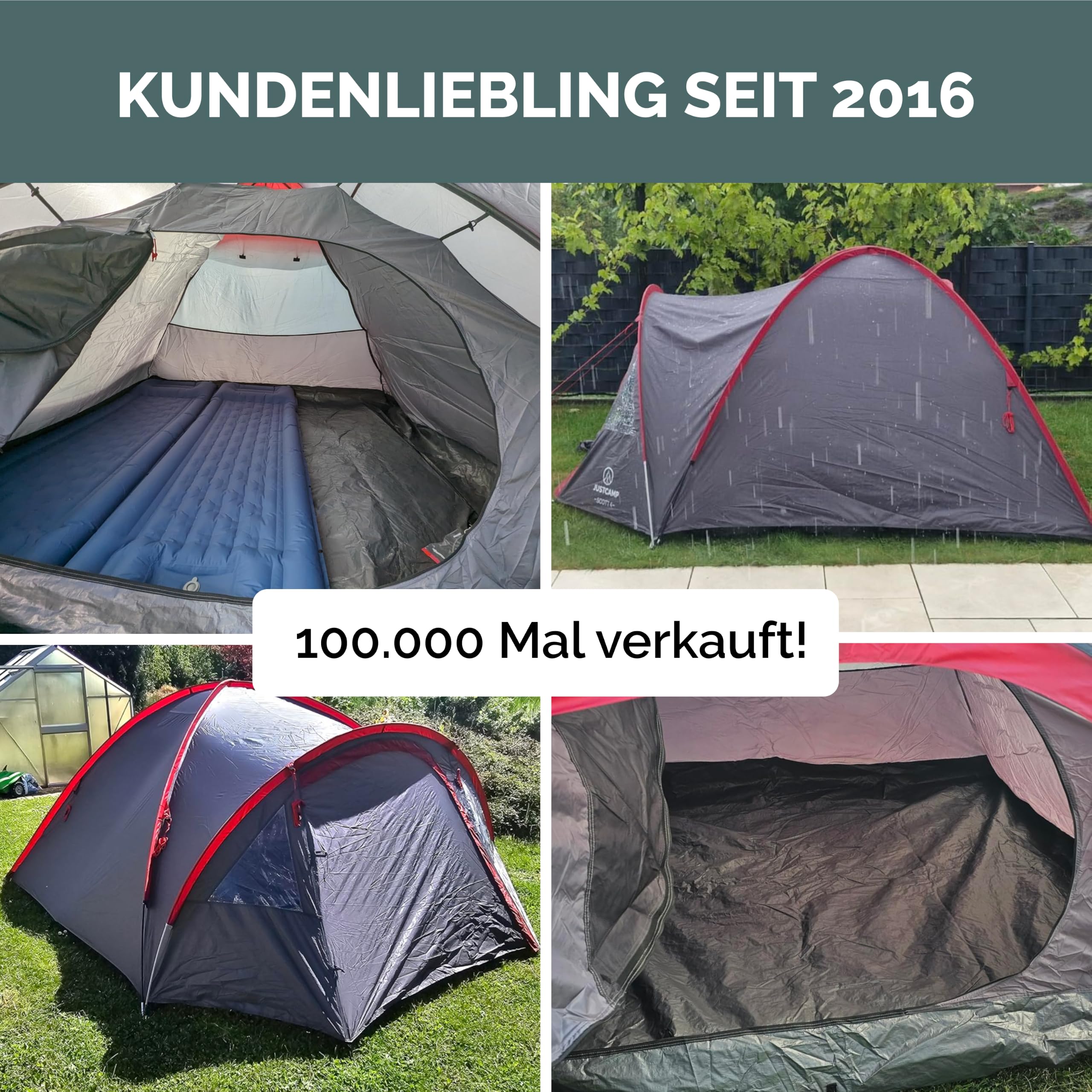 JUSTCAMP Scott Campingzelt für 4 Personen, leicht, stabil, wasserdicht - Kuppelzelt (doppelwandig) mit verschließbarem Vorraum - Iglu-Zelt mit Lüftungshutzen und Moskitonetz an der Schlafkabine