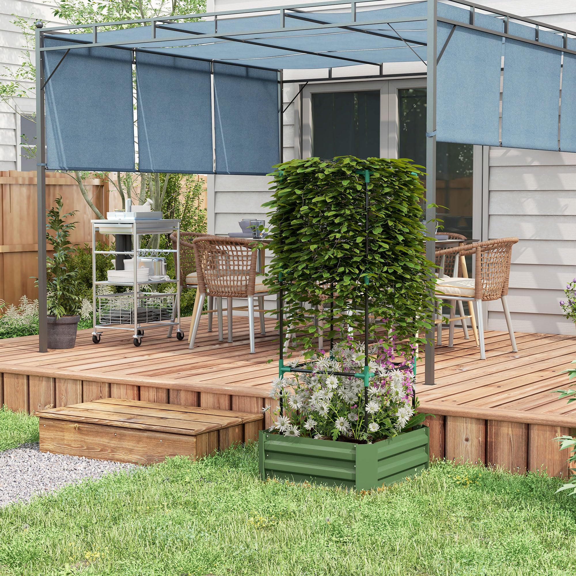 Outsunny Jardinera Exterior Grande de Acero Galvanizado Jardinera de Exterior con Celosía para Plantas Trepadoras y Fondo Abierto para Patio Terraza Balcón 61x61x140 cm Verde