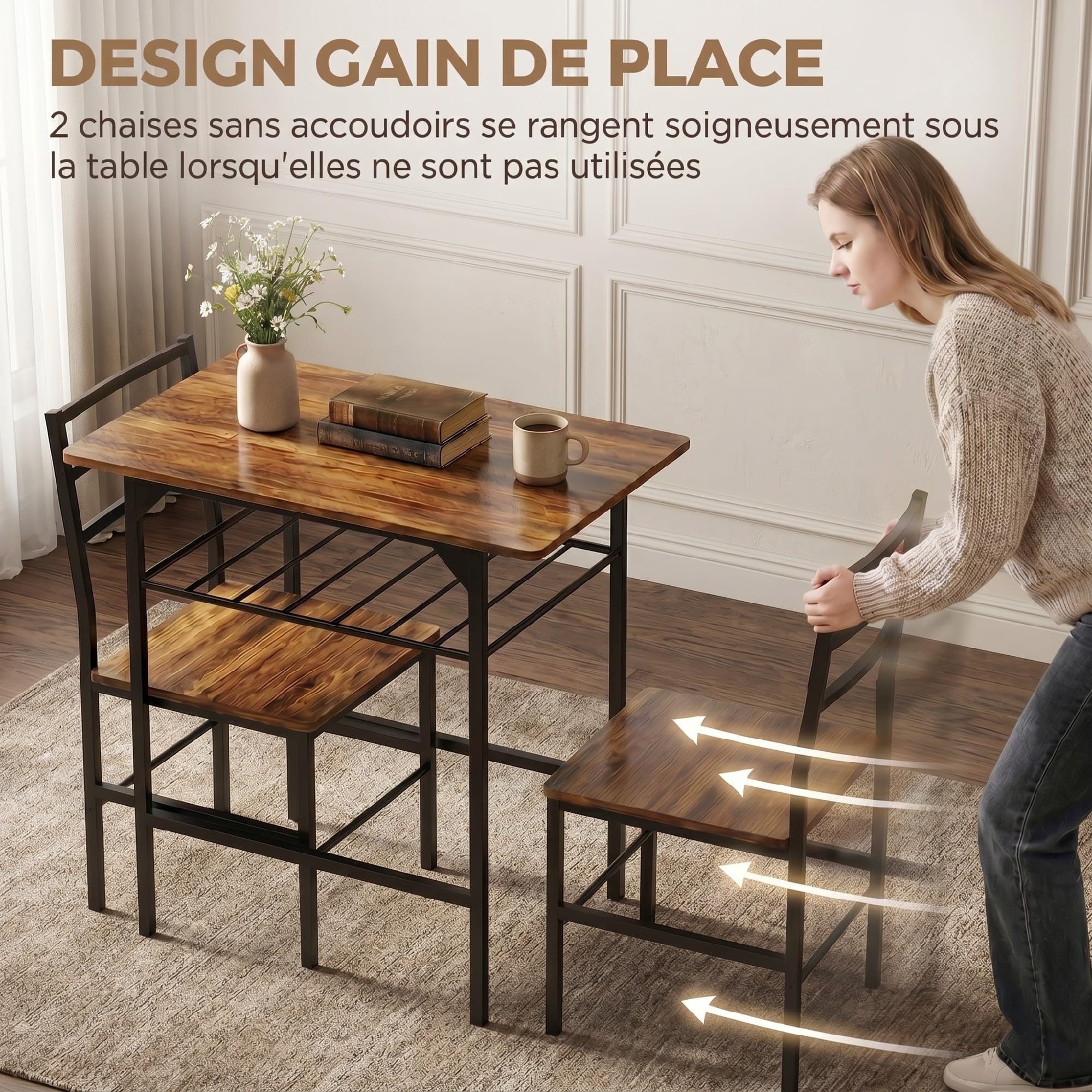 HOMCOM Ensemble Table Salle à Manger avec 2 chaises, Table de Cuisine pour 2 Personnes, étagère de Stockage, Cadre métallique, Style Industriel, idéal pour Espace réduit, Brun Rustique