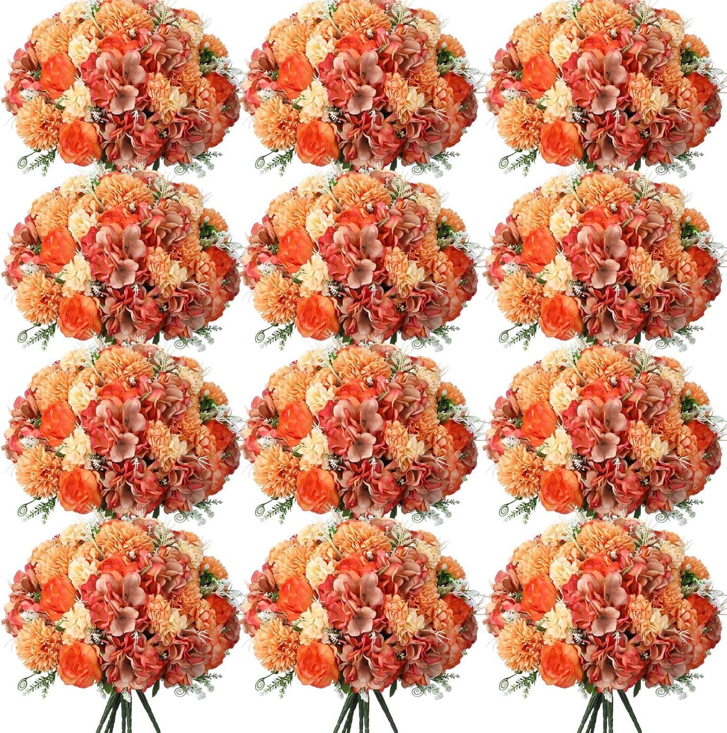 Tigeen Artificial Flowers Artificial Peonies Silk Flowers Faux Peony Fake Peony Silk Hydrangea Bouquet for Wedding Table Centerpiece Floral Vase Decor (Bright Orange,12 Bundles) Bright Orange 12