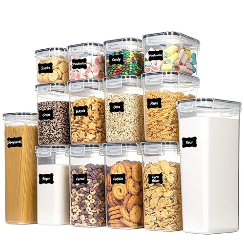 Vtopmart 14pcs Food Storage Containers Set, Kitchen & Pantry Organizers and Storage, Plastic Airtight Pantry Storage Container with Lids for Cereal, Flour and Sugar, Includes 24 Labels - Size1-14PCS