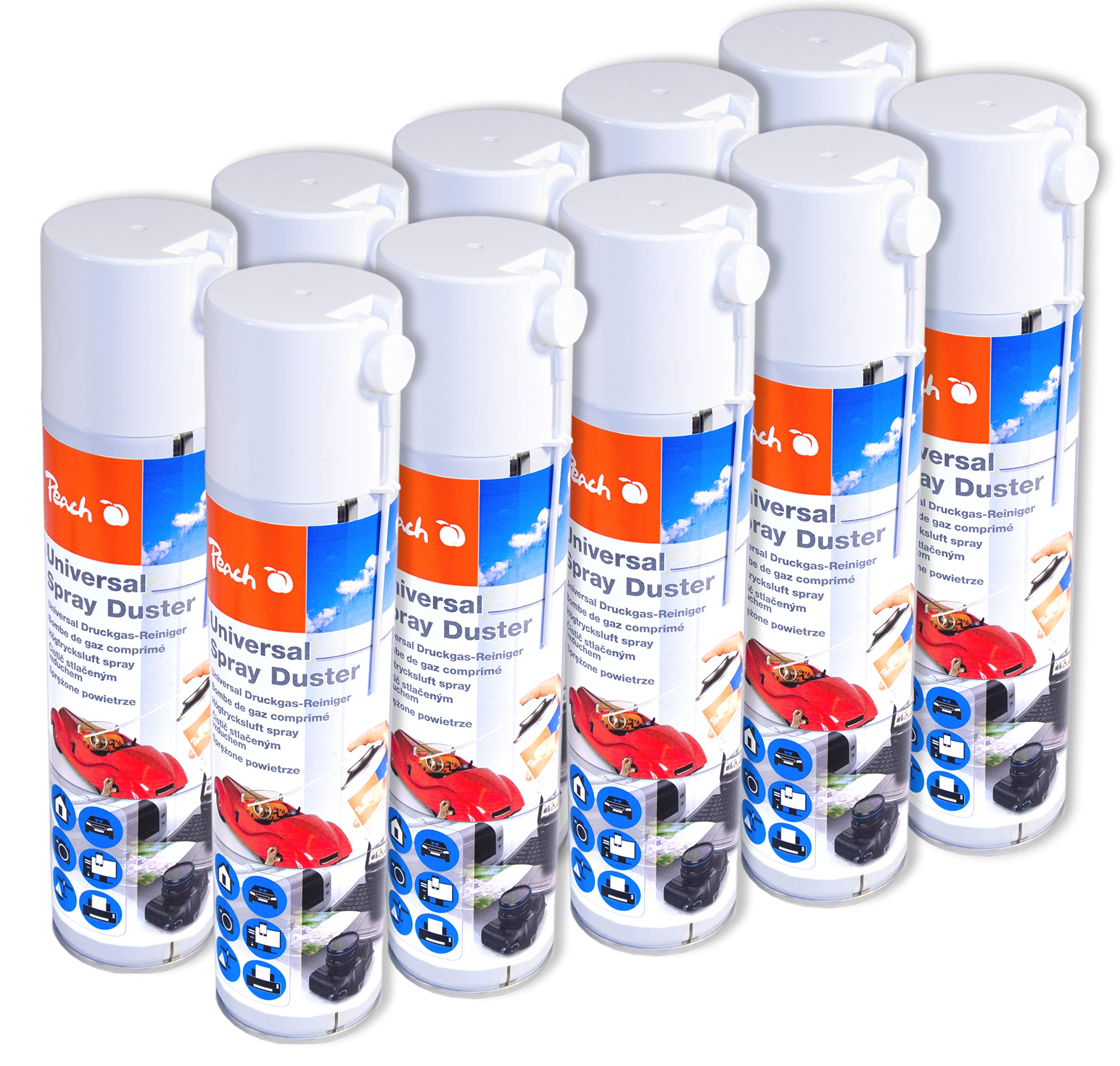 Peach Universal Druckgas Spray 400 ml, 10 Stück - Präzise, dank Sprühkopfverlängerung - ideal für die Reinigung im Haushalt und Büro - Druckluftreiniger - Fckw-frei - Druckluft Spray - PA100