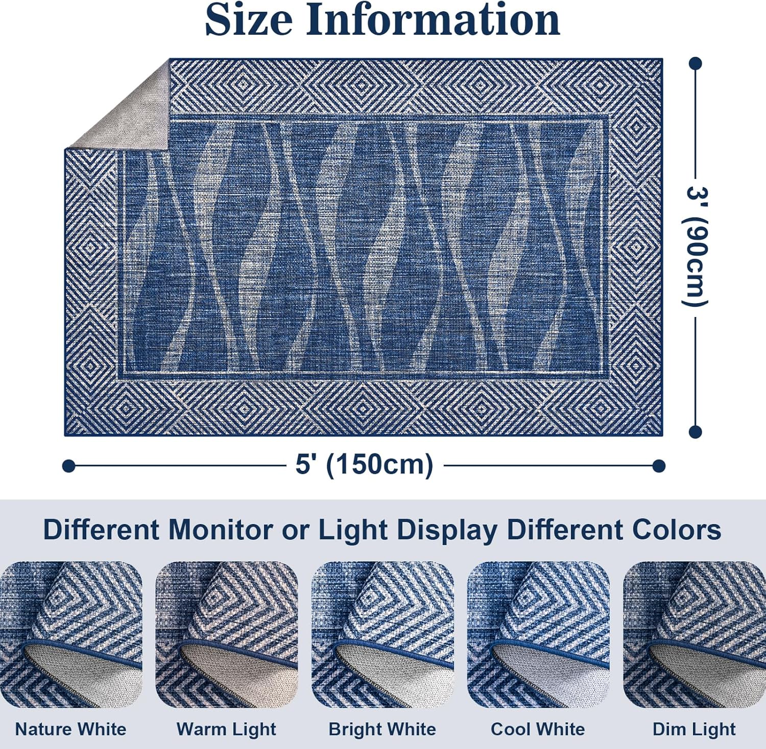 Jute Rug 3x5 Outdoor Patio Rug with Border, Washable Rugs for Entryway Porch, Farmhouse Non Slip Area Rugs with Rubber Backing, Non Shedding Carpet for Indoor Outdoor Bedroom, Courtyard, Blue