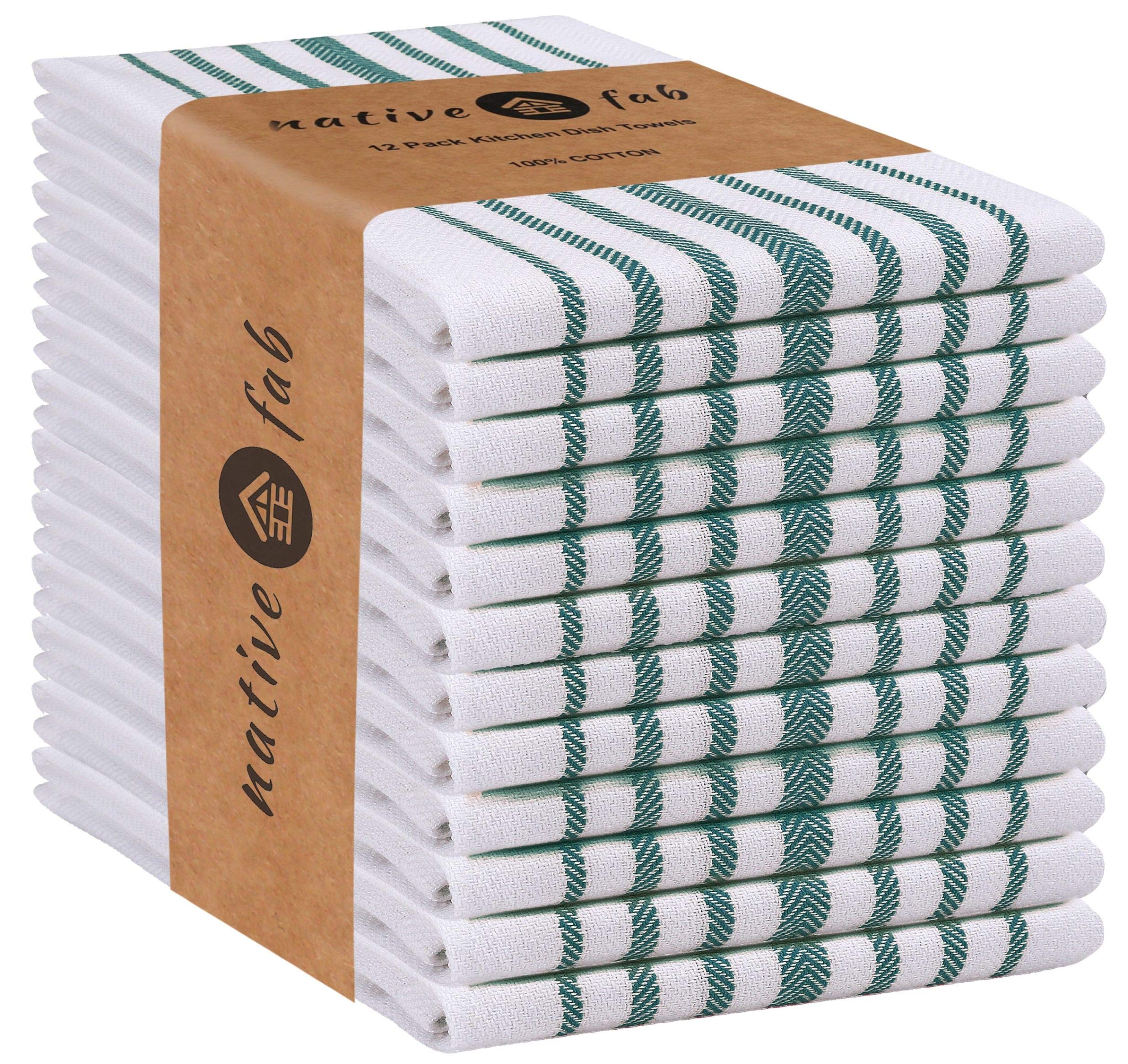 Native Fab 100% Cotton Stripe Kitchen Tea Towel with Hanging Loop 35x63 cm, 12-Pack, Soft Absorbent Quick drying Dish Towels for Restaurant, Catering, Cleaning Plates, Bar Glass Cloths - Teal White