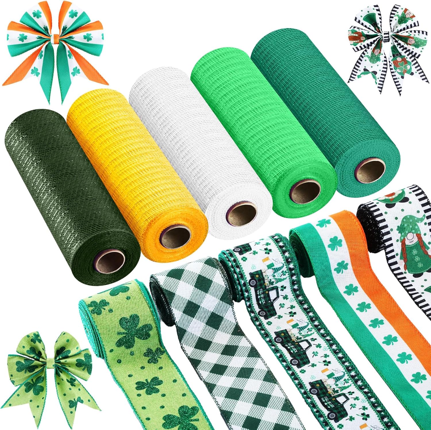 Woanger 10 Rolls St Patrick's Day Ribbon Including 5 Rolls Mesh Ribbon 5 Reels Wired Edge Silk Sash Buffalo Plaid Shamrock Truck Fabric Silk Sash Green Poly Mesh Wrapping for DIY Wreath Craft Making