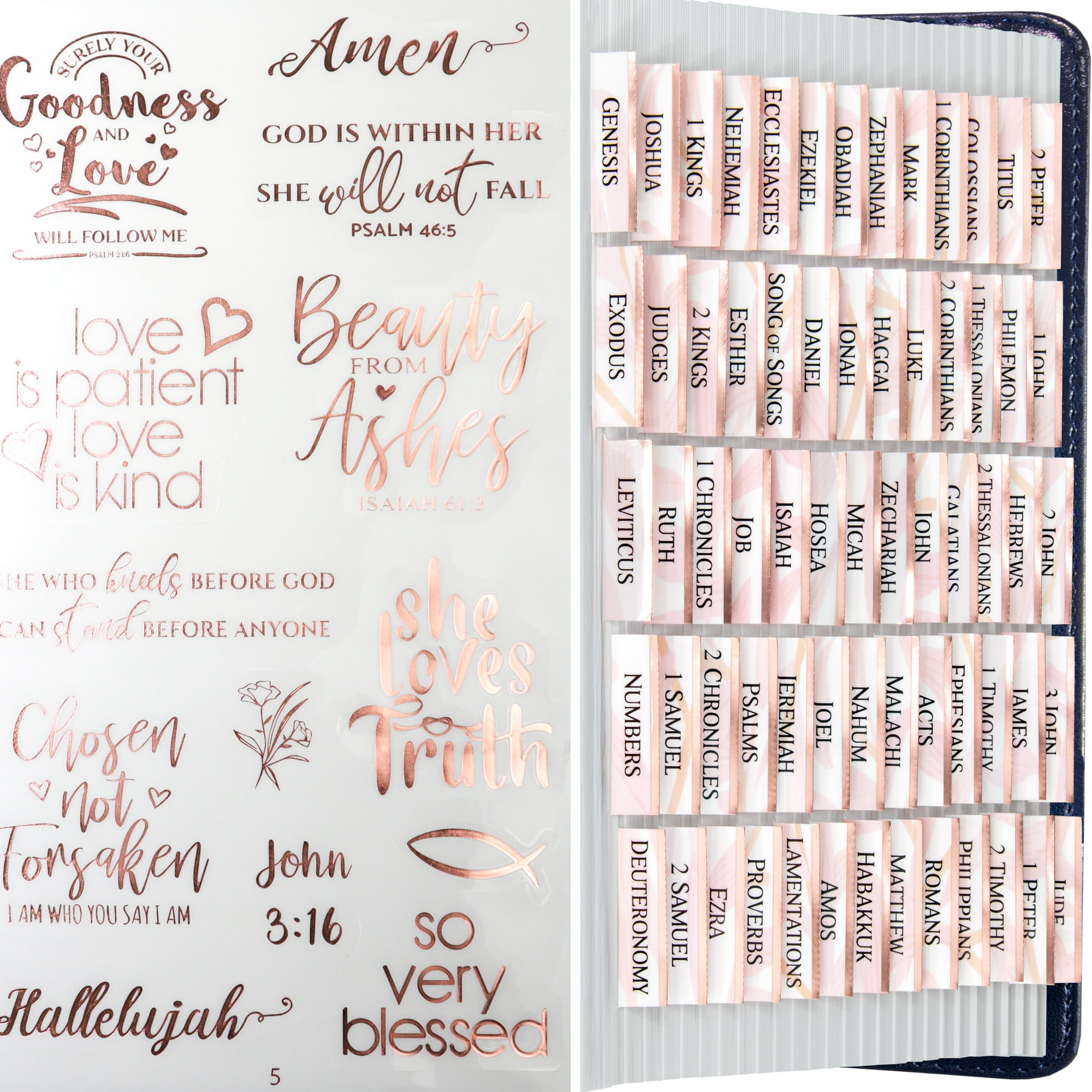 Rose Gold Edge Bible Book Tabs - Laminated, 96 Tabs for Old & New Testament, Includes 7 Catholic Books - Christian Gift