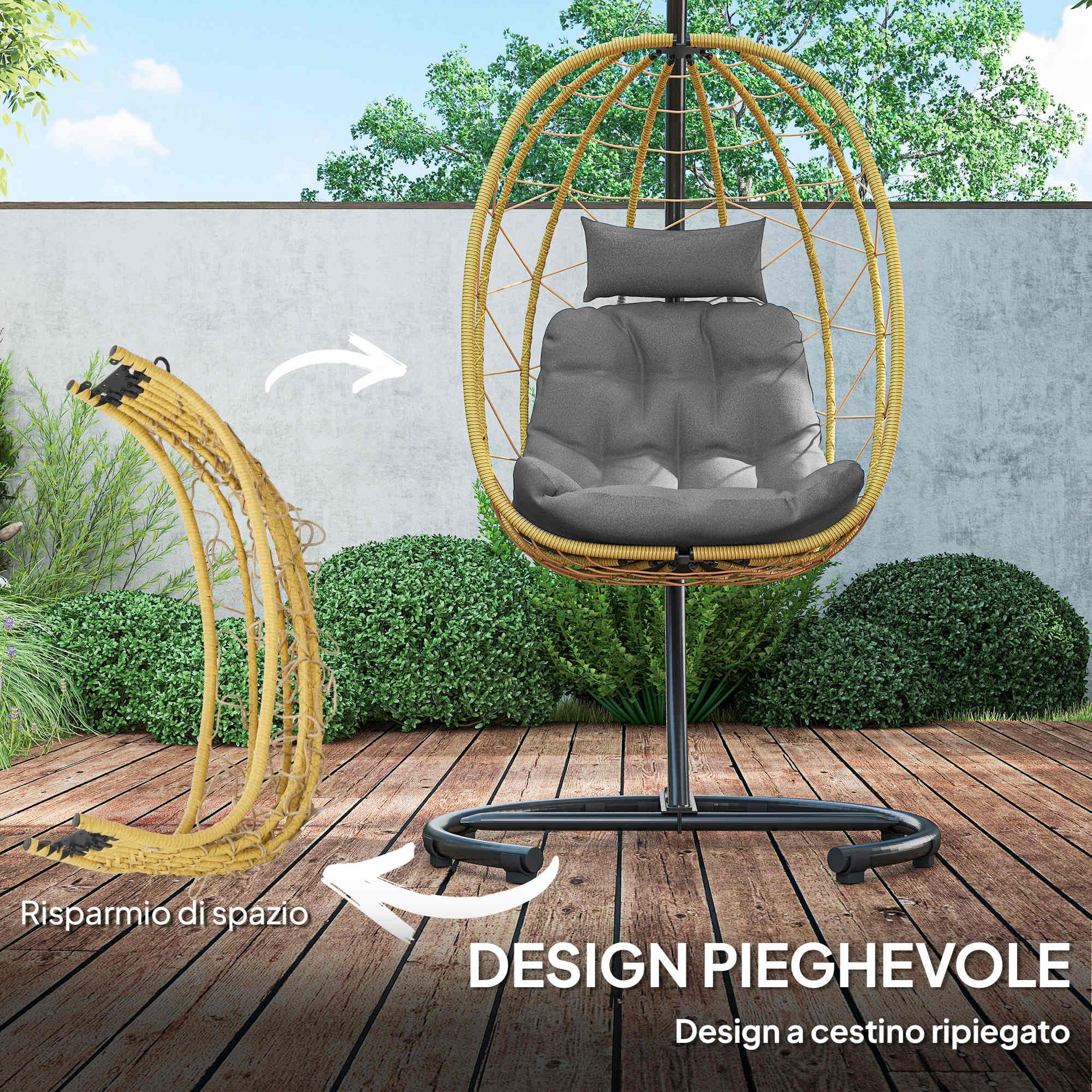 Outsunny Poltrona Sospesa 150kg Max 102x102x195 cm Nera Grigia e Beige | Cesto Pieghevole e Cuscini, Poltrona Sospesa da Giardino, Acciaio e Rattan PE