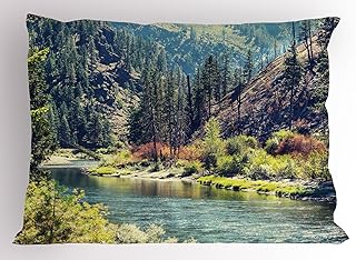 Lunarable Landscape Pillow Sham, Scenic Mountain with Pine Trees and Flowing River Colorful Foliage Daytime Nature, Decorative Standard Queen Size Printed Pillowcase, 30