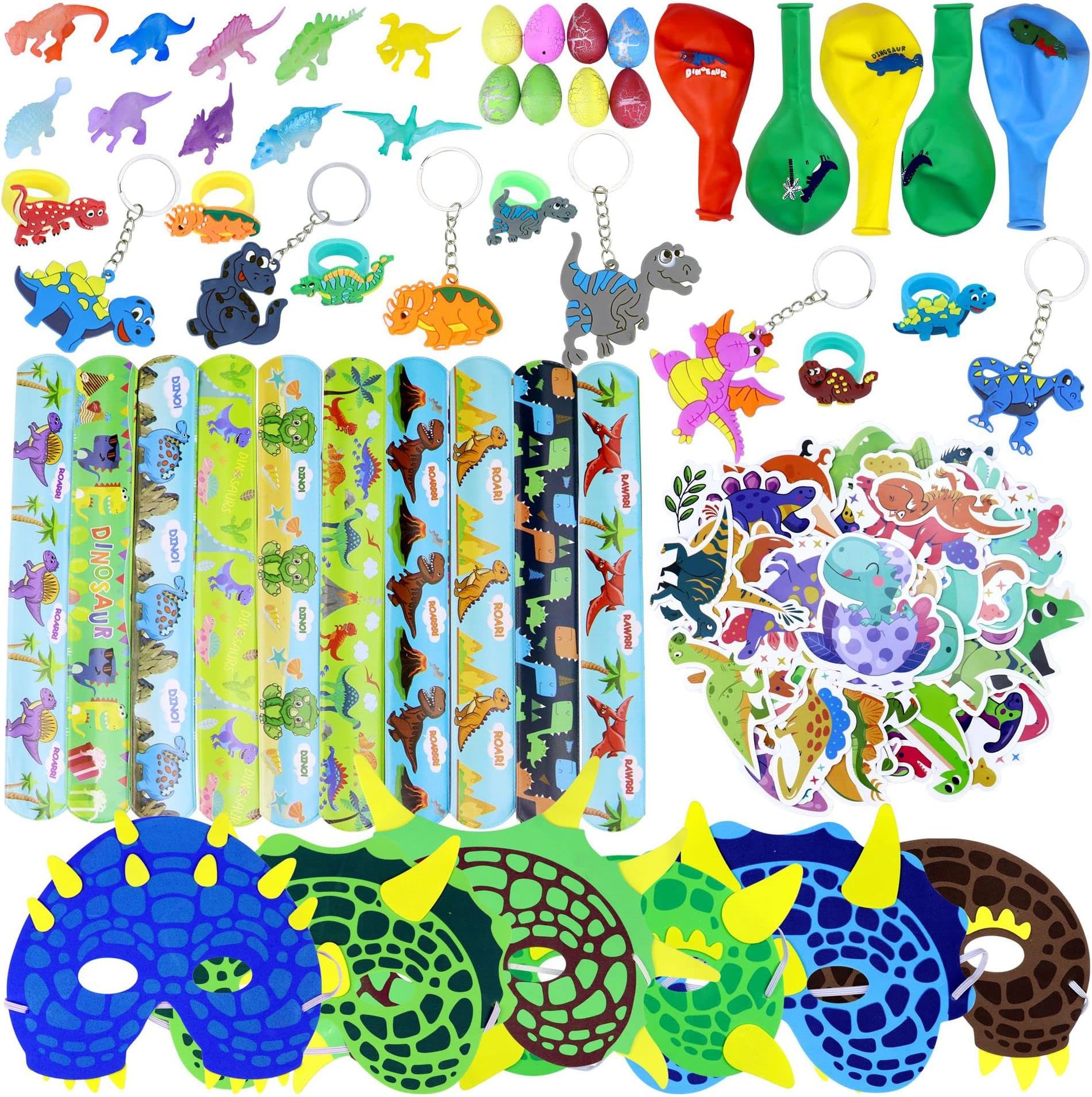 AM ANNA Dinosaur Party Favors for Kids Boys Girls, Dino Party Supplies with Dinosaur Eggs,Mini Dinosaur Slap Bracelets Rings for Birthday Graduation Gifts Goodie Bag Fillers (Dinosaur Party Favors)