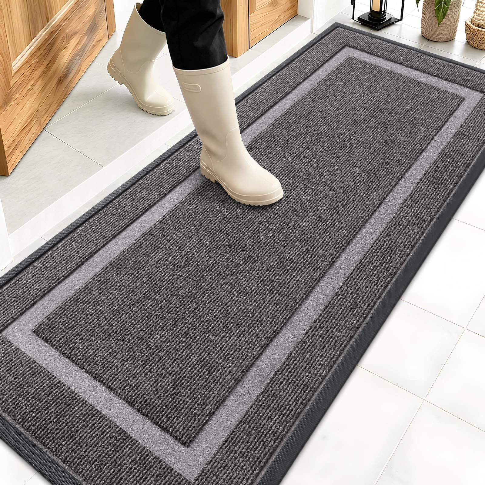 OLANLY Front Door Mat Outside 59x20, All-Season Heavy-Duty Rubber Doormat | Dark Grey, Absorbent, Stain Fade Resistant, Waterproof Non-Slip Backing, Low-Profile Indoor Outdoor Floor Mat for Entryway