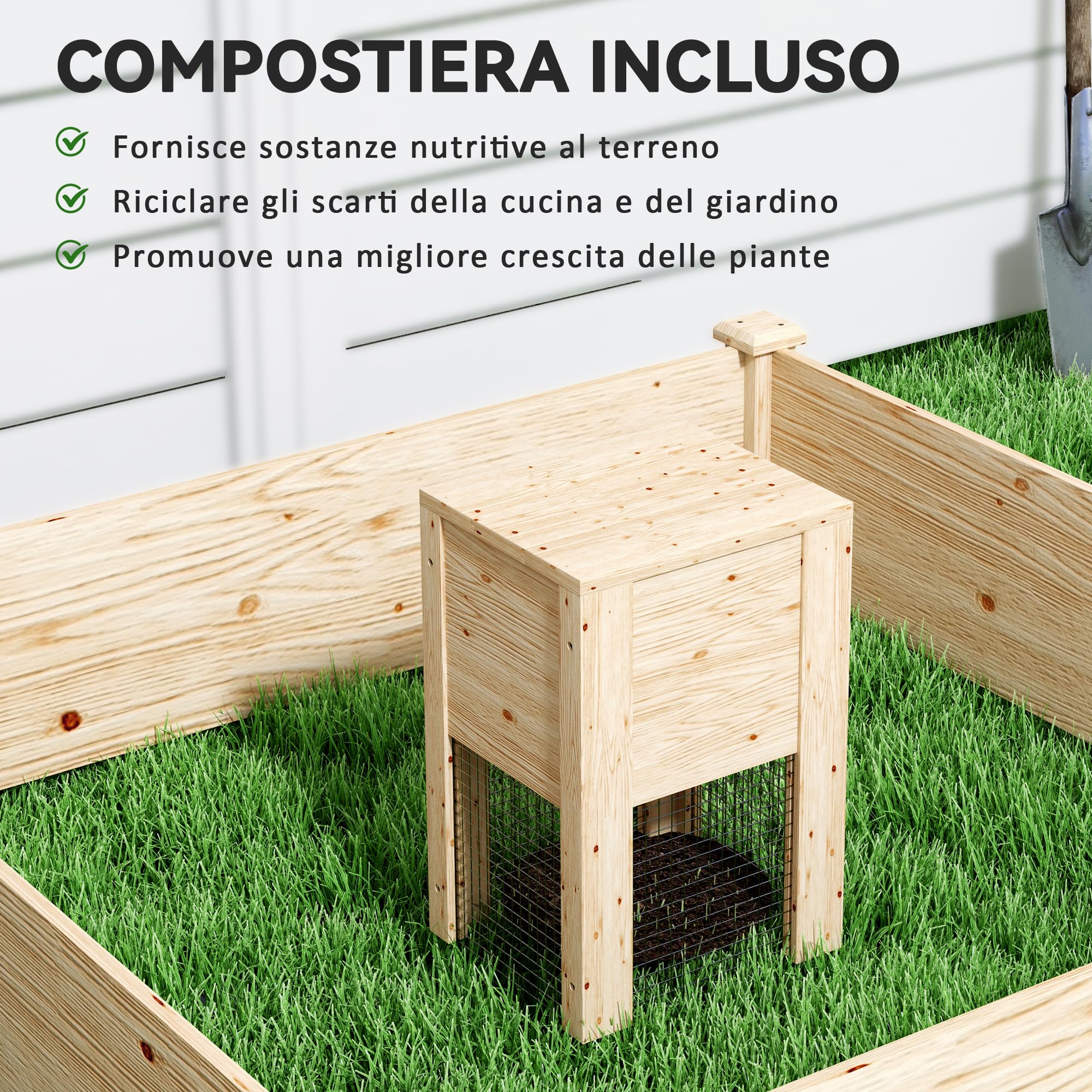 Outsunny Letto per Orto Rialzato da Esterno 123x123x25.5 cm Color Legno | Con Compostiera, Fondo Aperto, Fioriera da Esterno in Legno di Abete, per Piante e Fiori