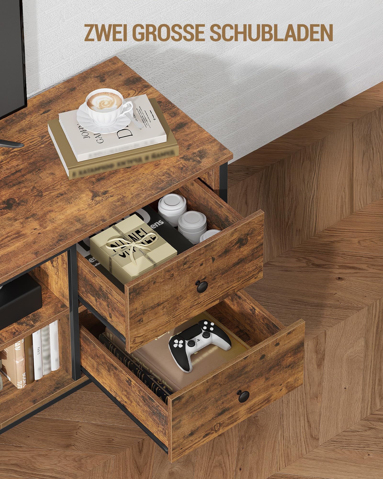 Hzuaneri TV-Schrank mit 4 Schubladen, TV-Ständer für TV-Geräte unter 65 Zoll, mit 2 offenen Fächern, 40 x 147 x 50 cm, Fernsehschrank für Wohnzimmer, Schlafzimmer, Vintagebraun-Schwarz TV16801B