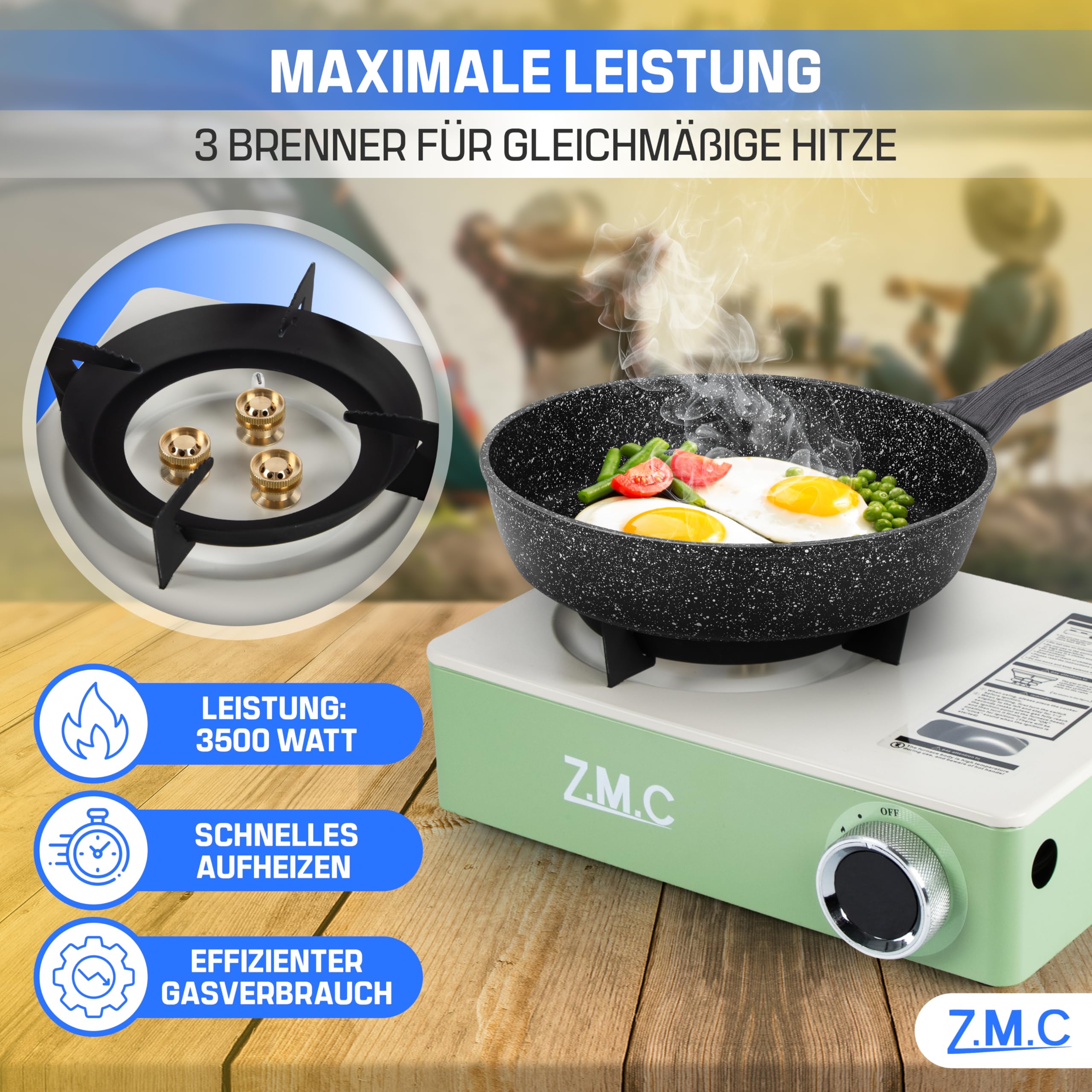 Z.M.C Gaskocher 1-flammig 3,5 kW inkl. 8x Gaskartuschen 227g | 3-Brenner & Piezo-Zündung | Campingkocher mit Transportkoffer | kompakt 1,4 kg | Camping Outdoor
