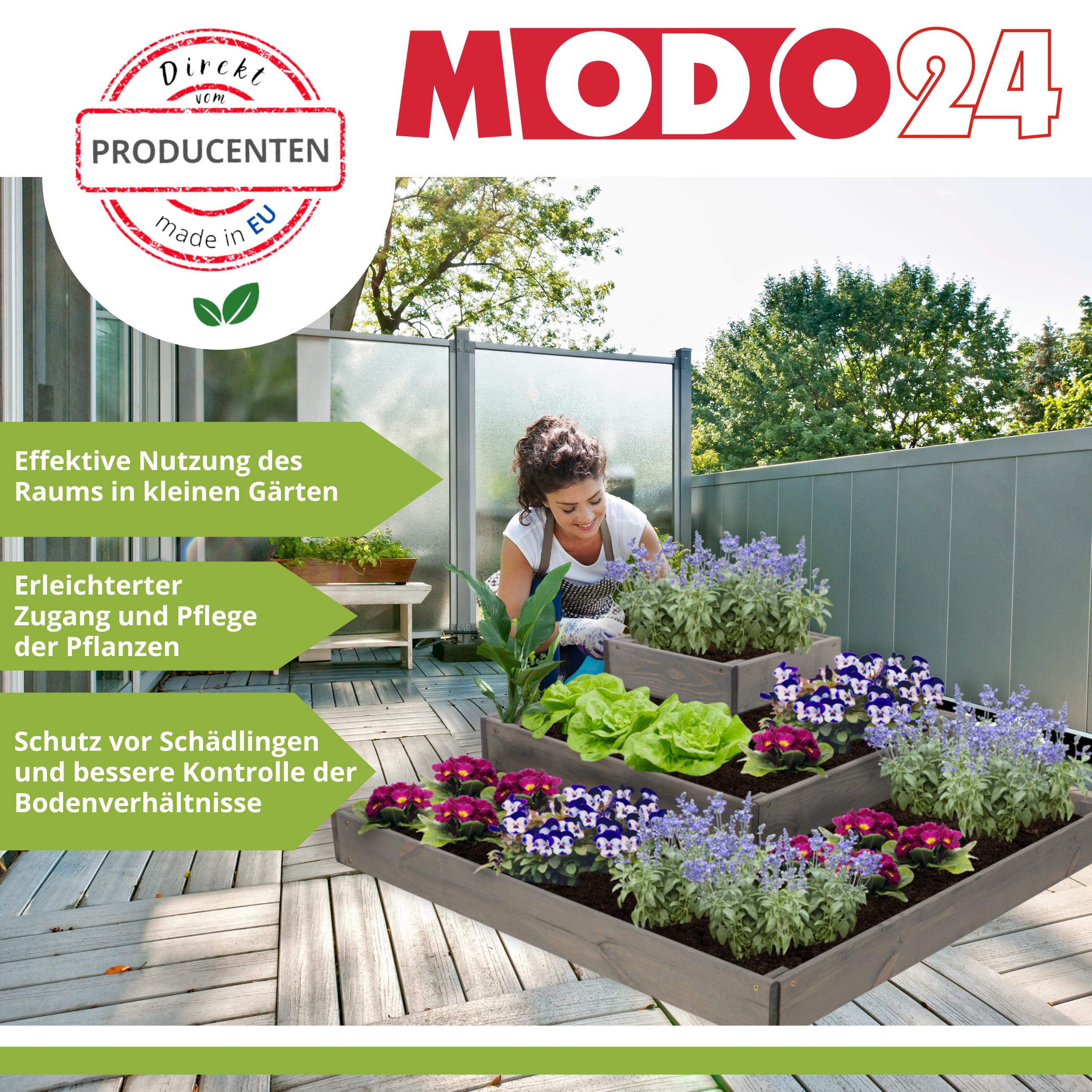 Hochbeet, Kräuterbeet, Gartenbeet, Pflanzbeet, Blumenbeet, Stufenbeet, Holz Stufen Treppe, für Garten und Terrasse, Kiefernholz, Massivholz, Abmessungen 45x92x92 cm, Farbe: Grau