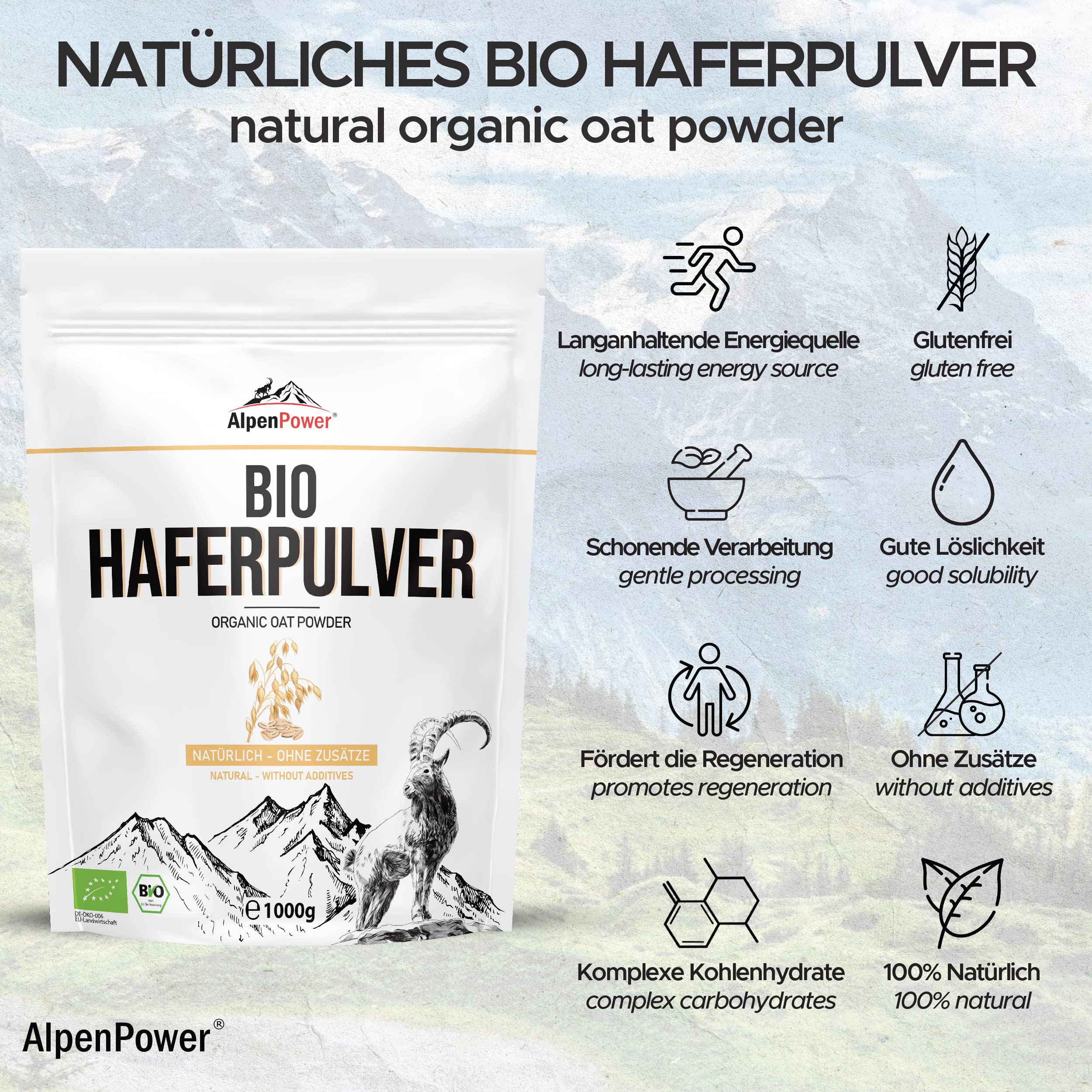 AlpenPower Avena Orgánica en polvo 1 kg - 100% pura avena integral en polvo sin aditivos - Sin gluten y rico en carbohidratos complejos