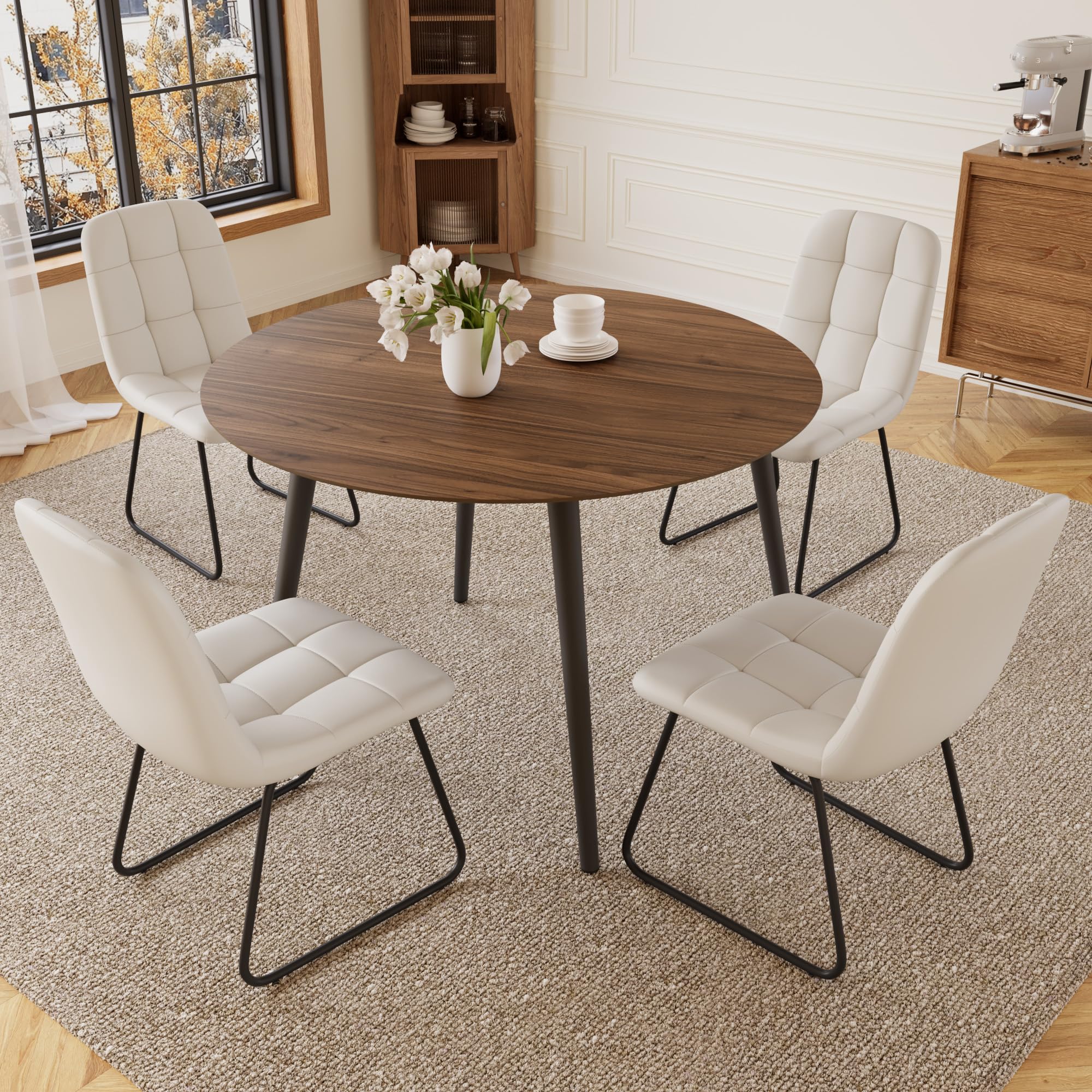 HIPIHOM 43.3 Inch Round Dining Table Set for 4, Modern Small Kitchen Coffee Set for Dining Room Kitchen Apartment (Walnut Table+4 U-Shaped White