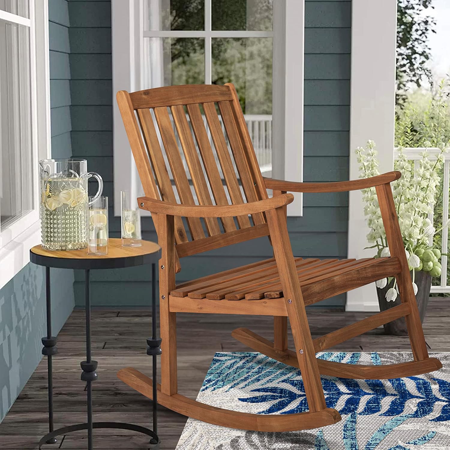 JONATHAN Y RCK102A Penny Classic Slat-Back 300-Lbs Support Acacia Wood Patio Outdoor Rocking Chair for Garden, Lawn, Backyard, Pool, Deck, Beach, Firepit, Teak