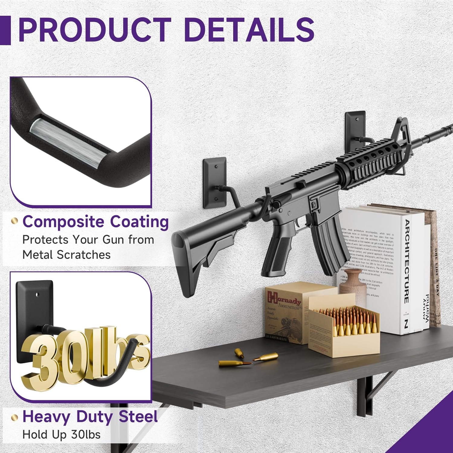 Horizontal Gun Rack Wall Mount Rifle Display - Heavy Duty Steel Shotgun Rack Wall Mount Holds Up to 30lbs, Rifle Hangers Wall Mount, Bow Wall Hanger, Rifle Display Wall Mount