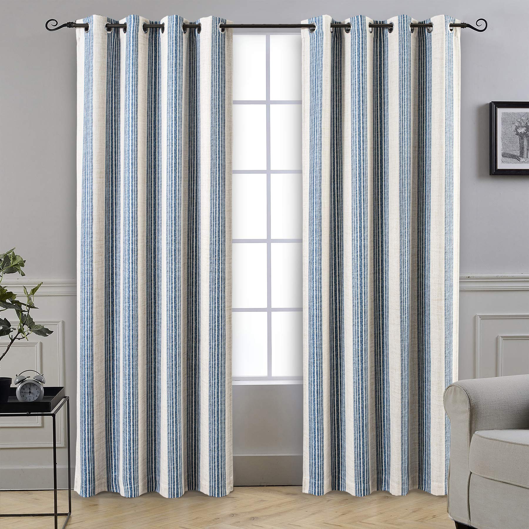 DriftAway Chris Vertical Striped Pattern Linen Blend Lined Thermal Insulated Blackout and Room Darkening Grommet Linen Curtains for Farmhouse Printed 2 Panels 52 Inch by 84 Inch Jean Navy